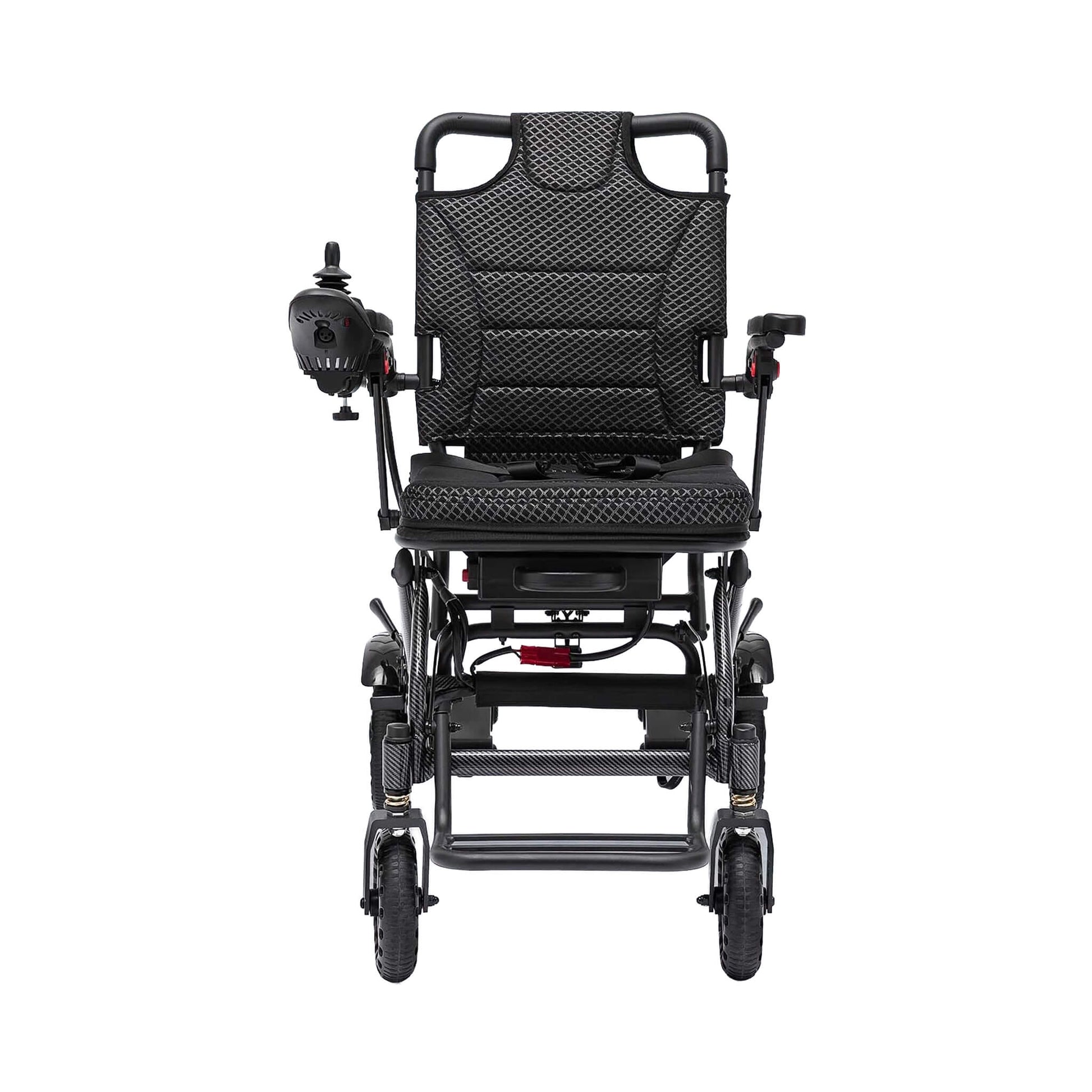 Black foldable electric wheelchair with textured seat and back, front view