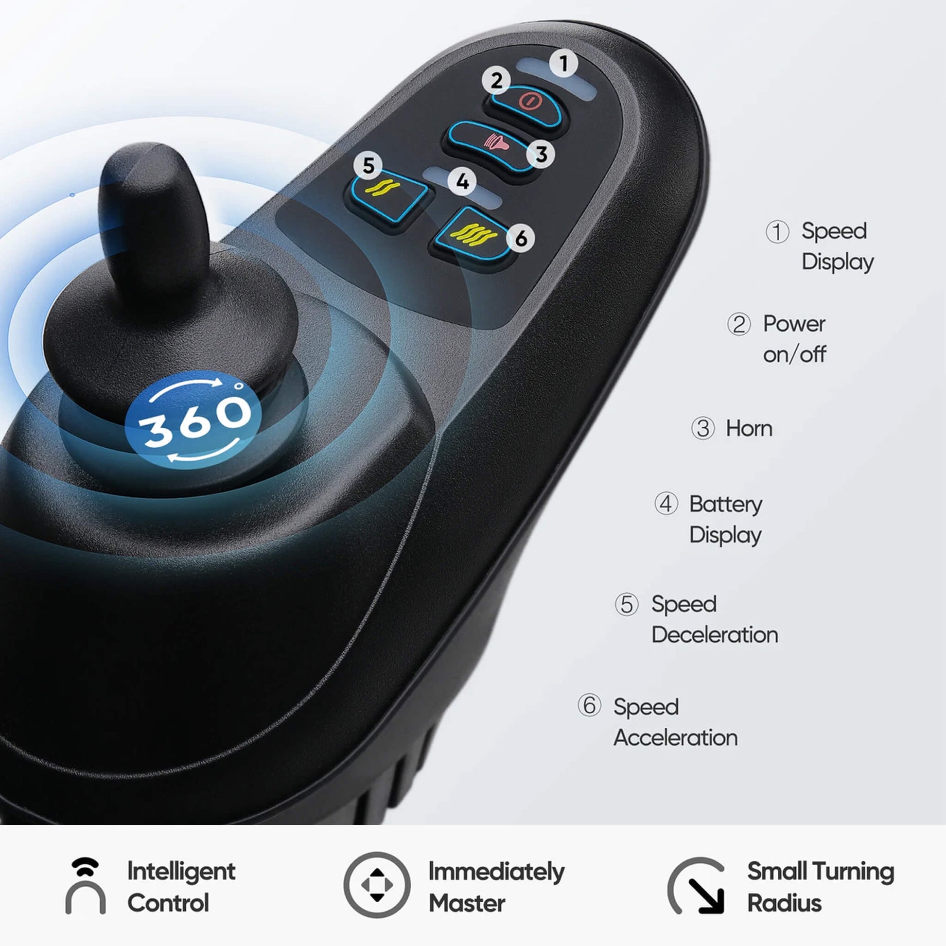 Black wheelchair control console with speed and power buttons