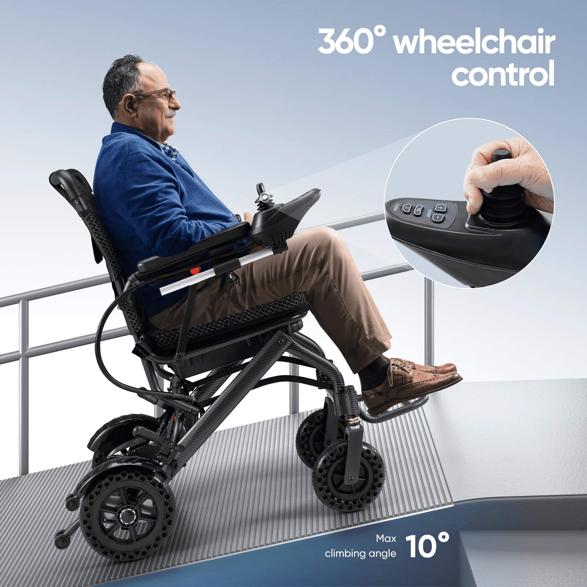 Electric wheelchair on an incline with joystick controller and rear drive wheels