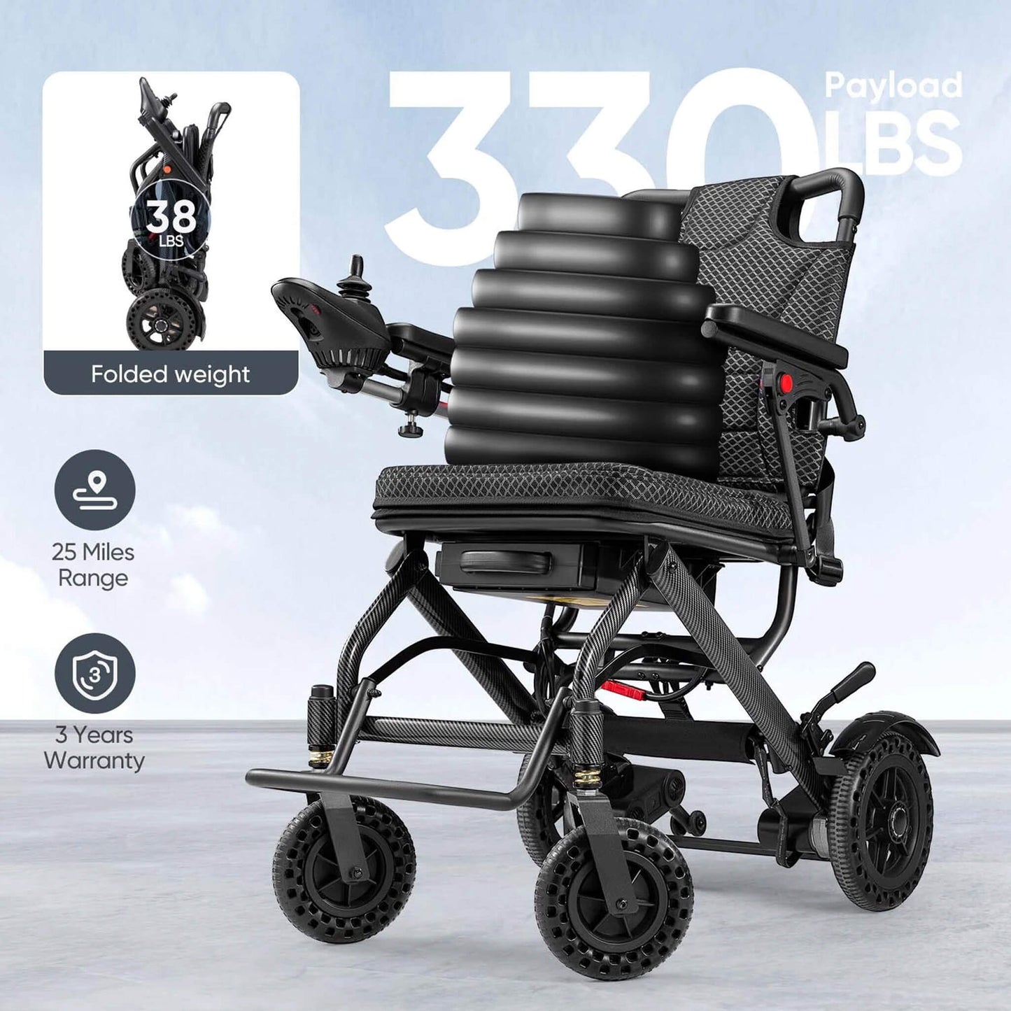 Folded black electric wheelchair shown from the side, with compact seating frame