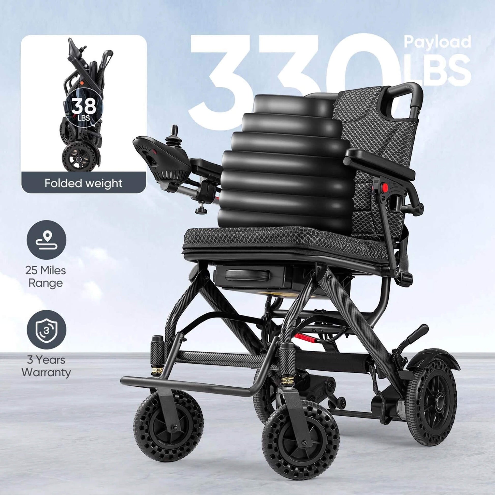 Folded black electric wheelchair shown from the side, with compact seating frame