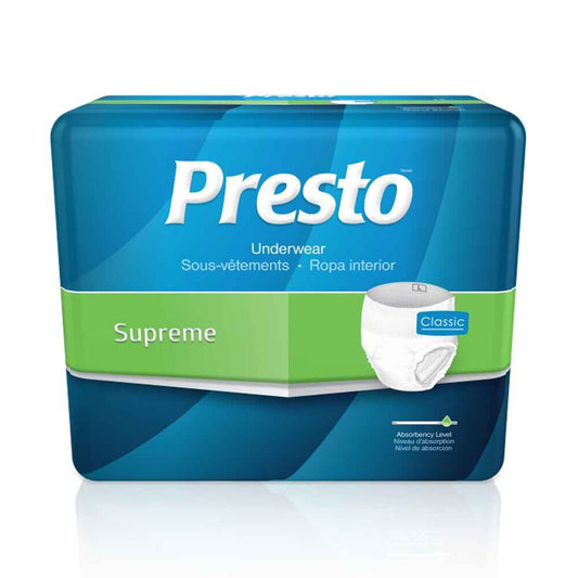 White disposable underwear briefs with Presto Supreme packaging