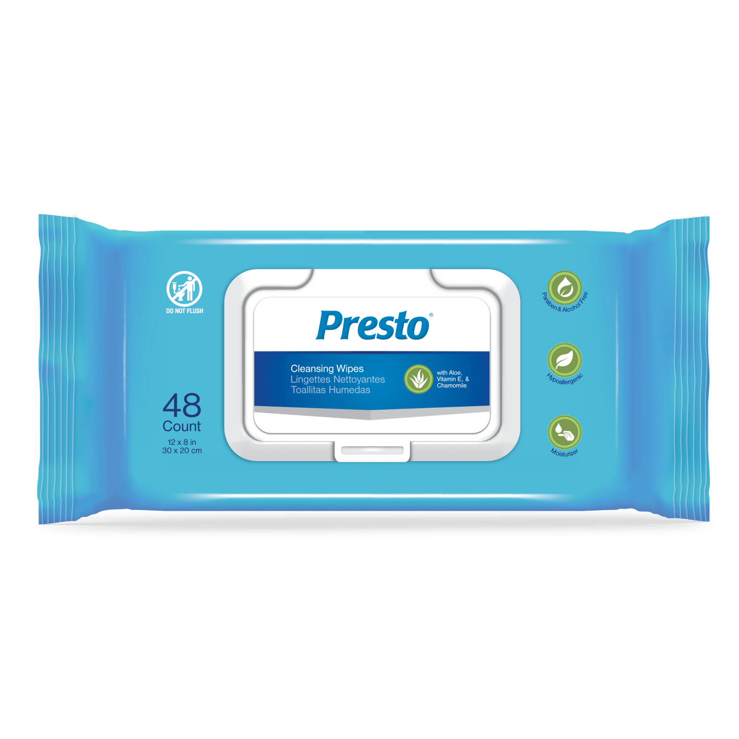Presto adult cleansing wipes, 48-count pack with flip-top dispenser, blue packaging