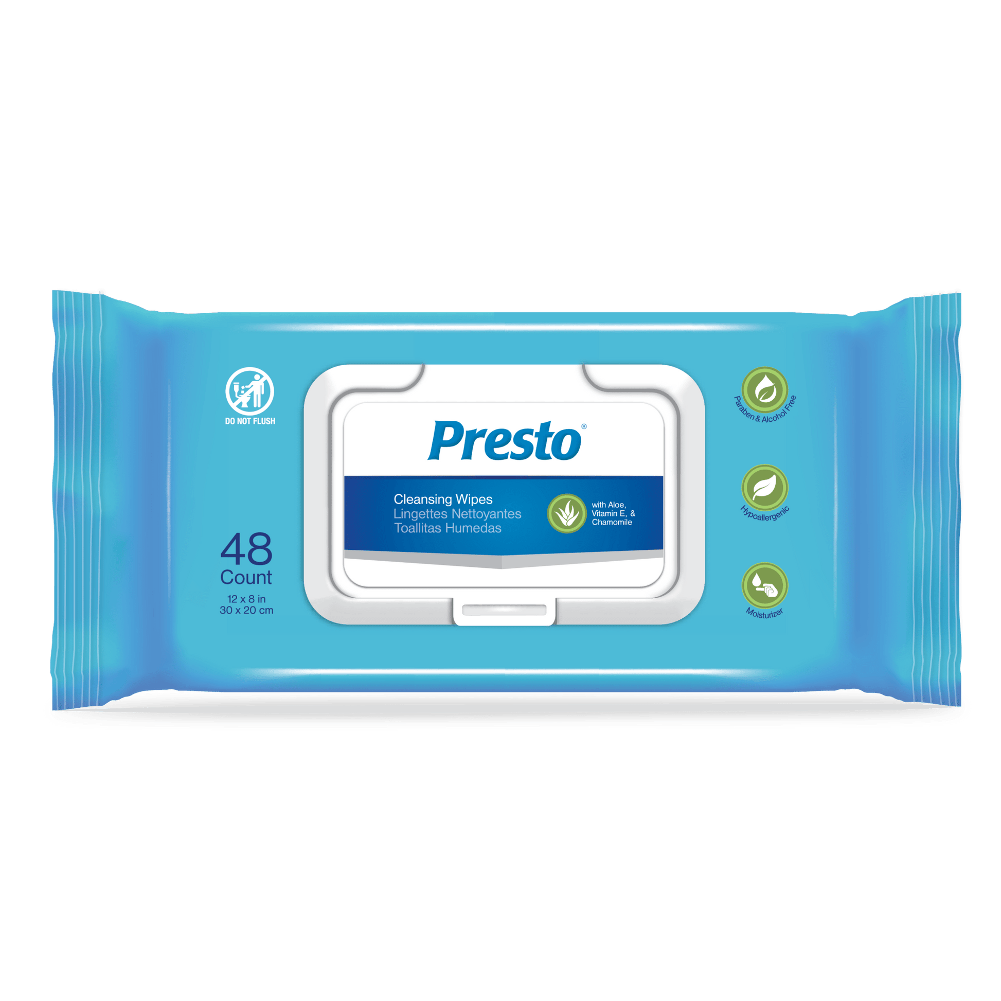Presto adult cleansing wipes, 48-count pack with flip-top dispenser, blue packaging