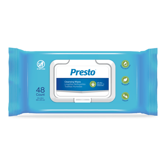 Presto adult cleansing wipes, 48-count pack with flip-top dispenser, blue packaging
