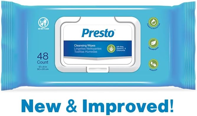 Presto cleansing wipes, 48 count pack; hypoallergenic wipes with flip-top closure