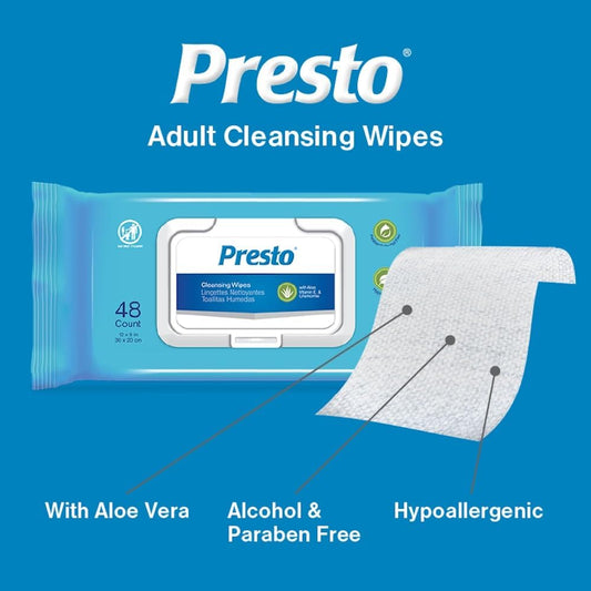 Presto adult cleansing wipes, 48 count; with aloe vera, alcohol & paraben-free