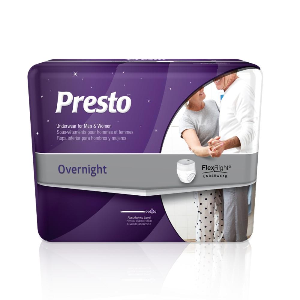 Presto FlexRight Overnight underwear, packaged for overnight absorbency