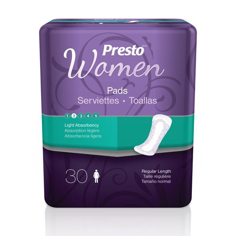 Presto Women Light absorbency pads, regular length, 30 count pack