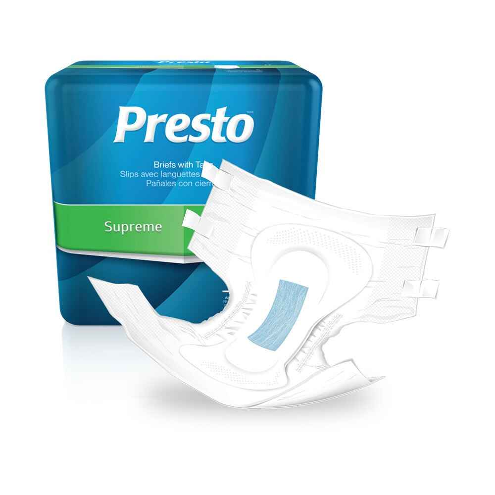 Adult absorbent brief with refastenable tabs; white disposable underwear with leg cutouts