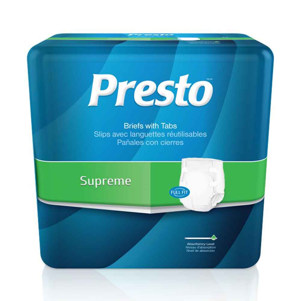 Adult absorbent brief with tabs on Supreme packaging; white disposable underwear