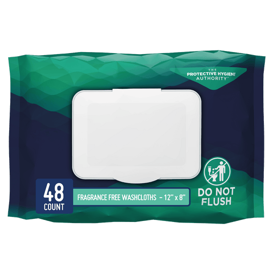 Fragrance-free washcloth pack, 48 count, 12" x 8", do not flush