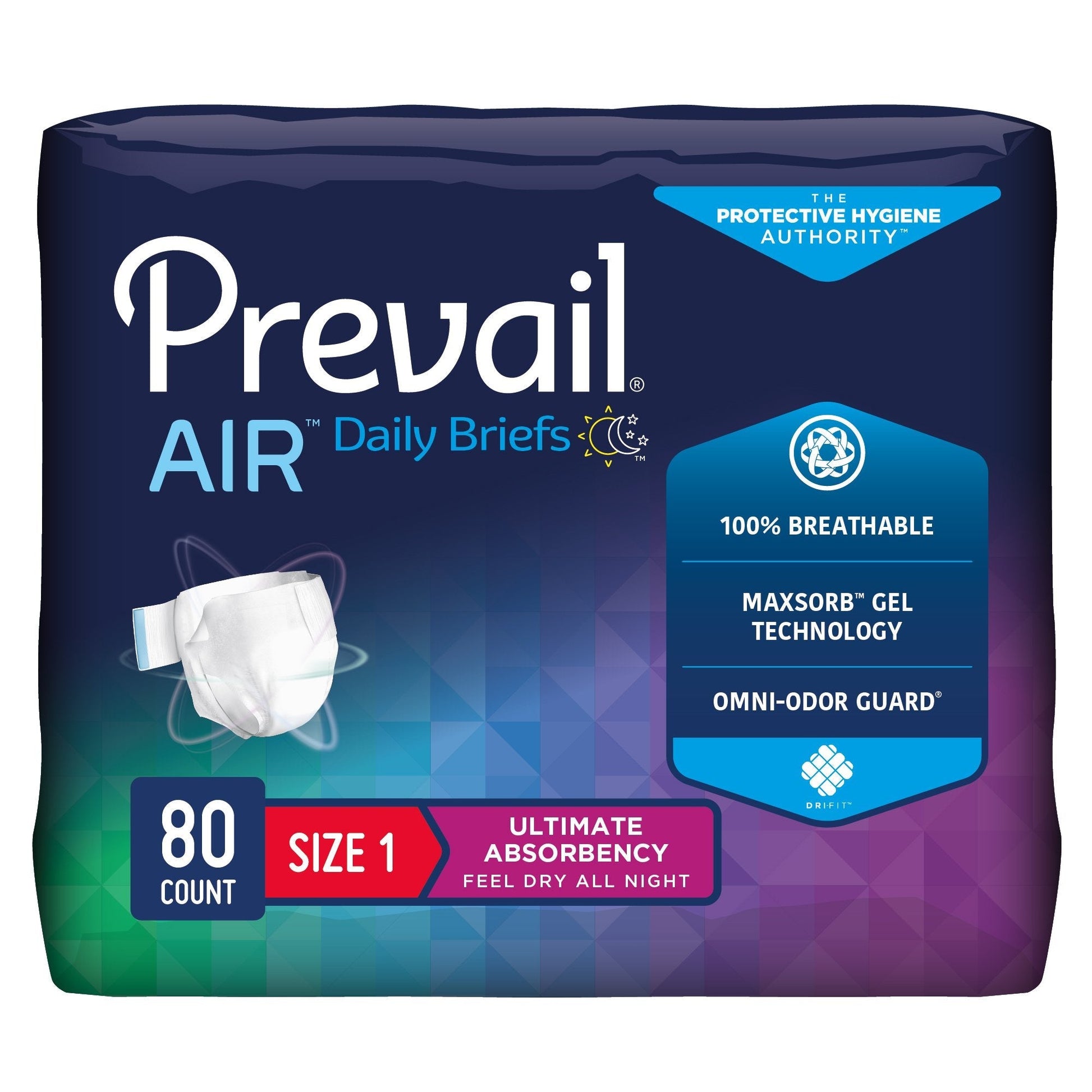Air Plus briefs packaging, Size 1, 80-count case, ultimate absorbency day/night