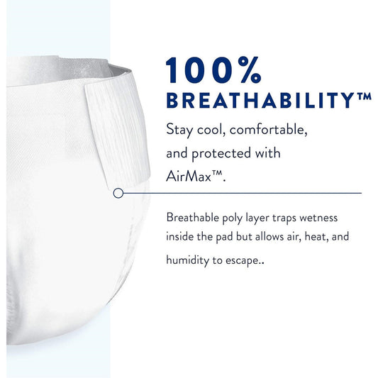 White adult briefs pad showing 100% breathability layer; moisture escapes for comfort