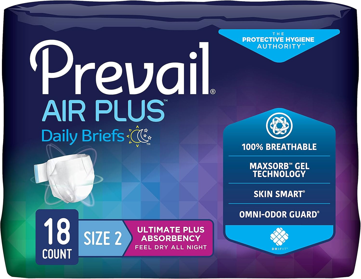 Air Plus briefs packaging, Size 2, 18-count pack, 100% breathable and skin smart