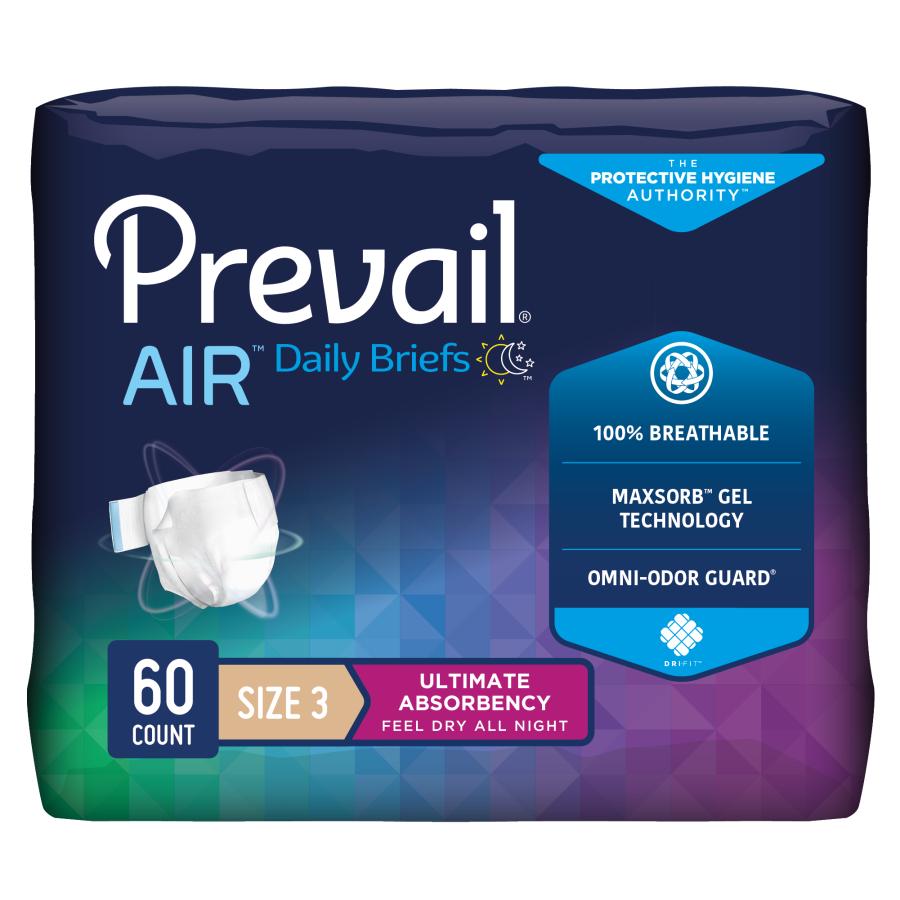Prevail Air Daily Briefs Size 3 adult briefs, 60 count package