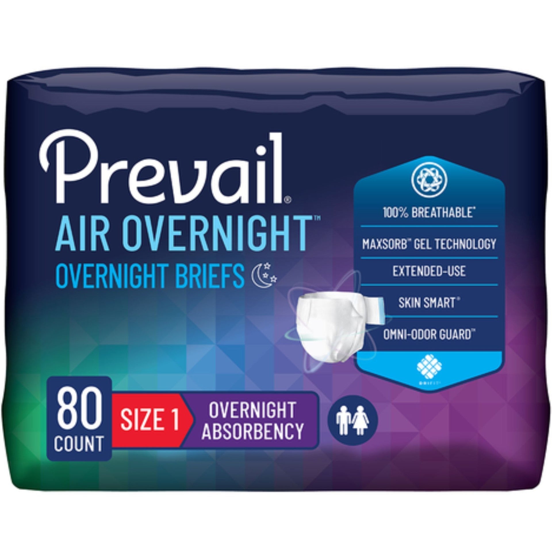 Prevail Air Overnight adult briefs, Size 1, 80-count case; overnight absorbency