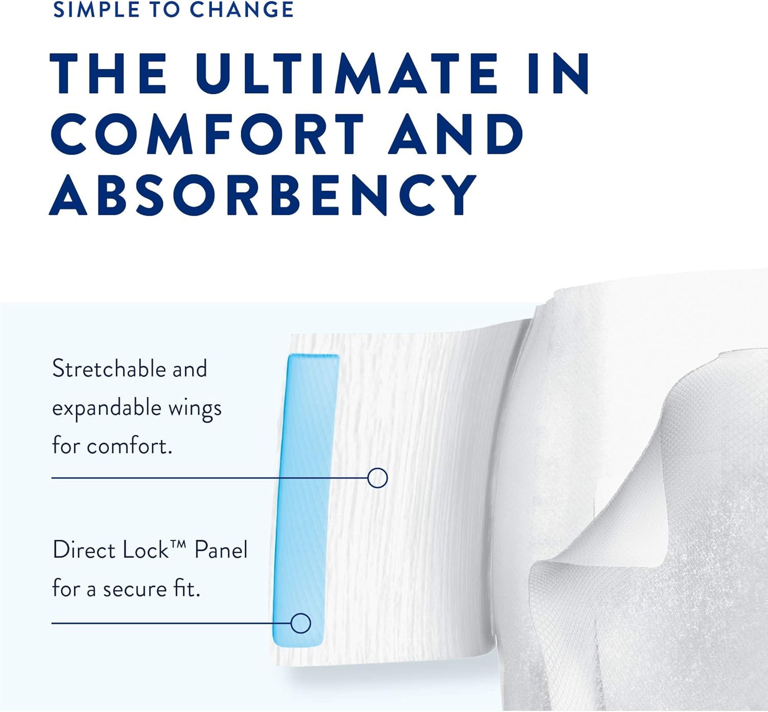 White adult overnight briefs with stretchable expandable wings and secure fit panel