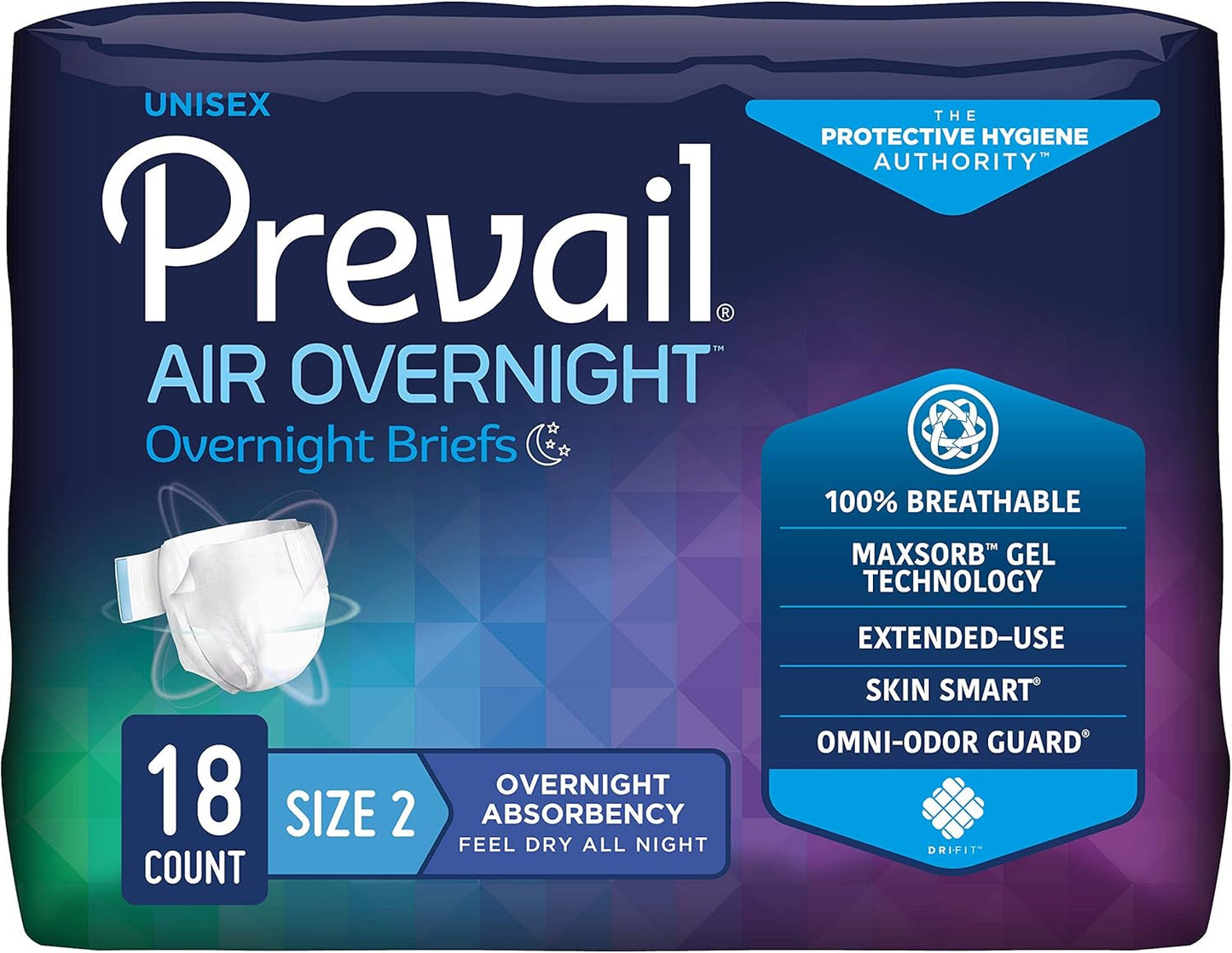 Prevail Air Overnight adult briefs, Size 2, 18-count pack; overnight absorbency
