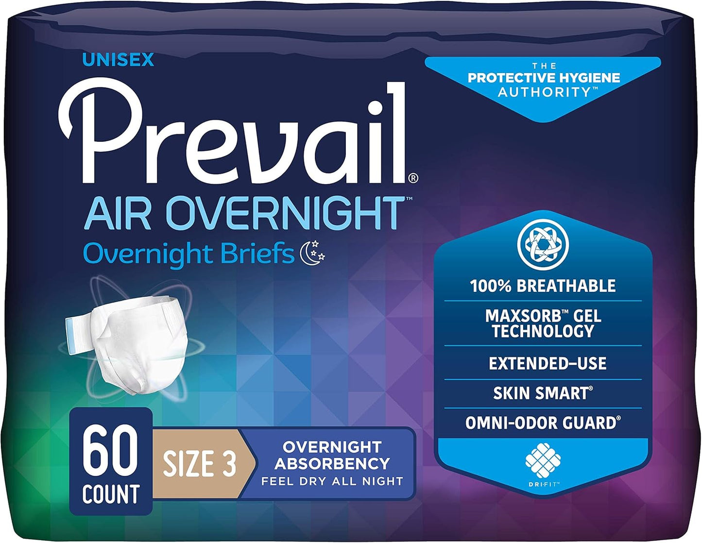 Prevail Air Overnight adult unisex briefs, Size 3, 60-count package with white briefs