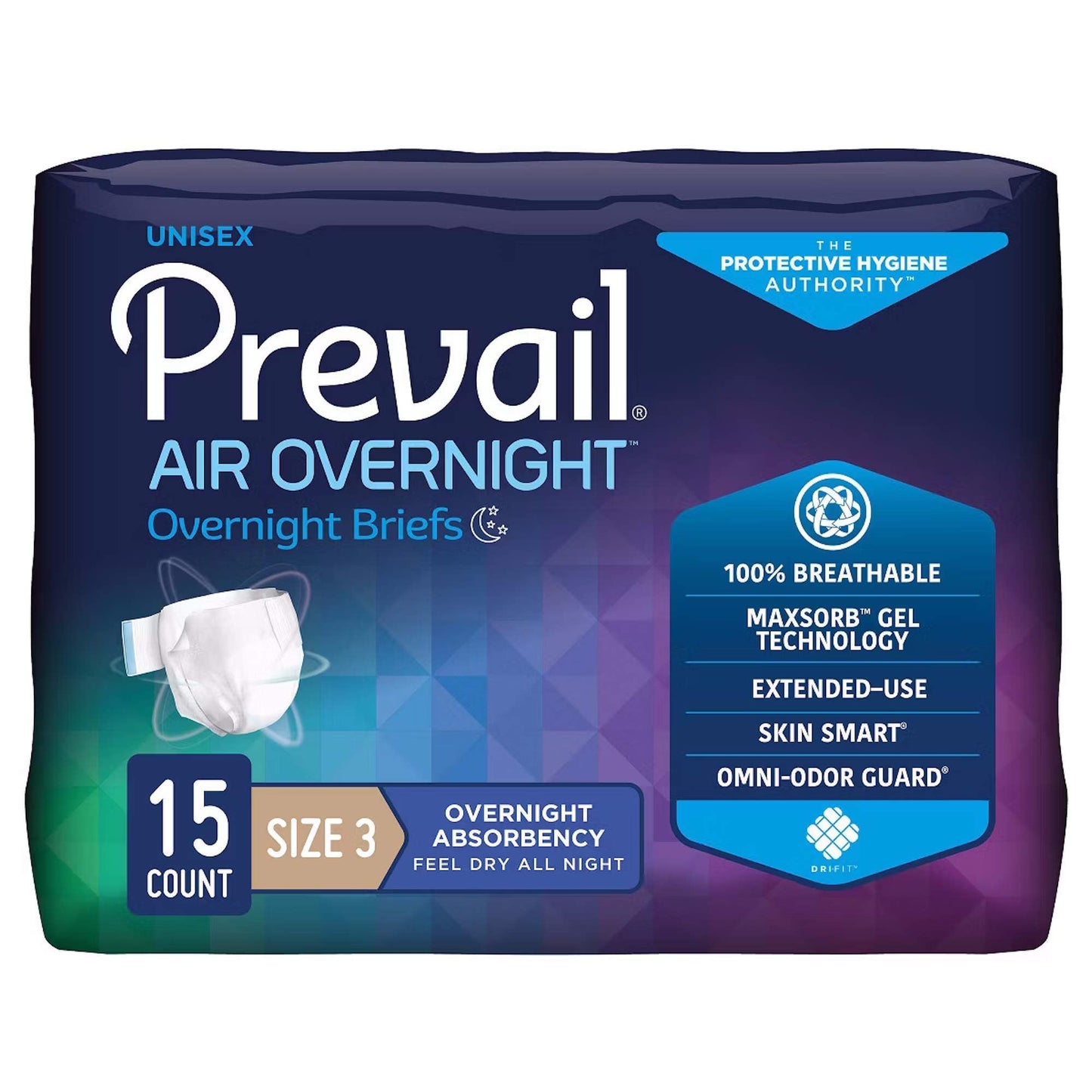 Prevail Air Overnight adult unisex briefs, Size 3, 15-count package with white briefs