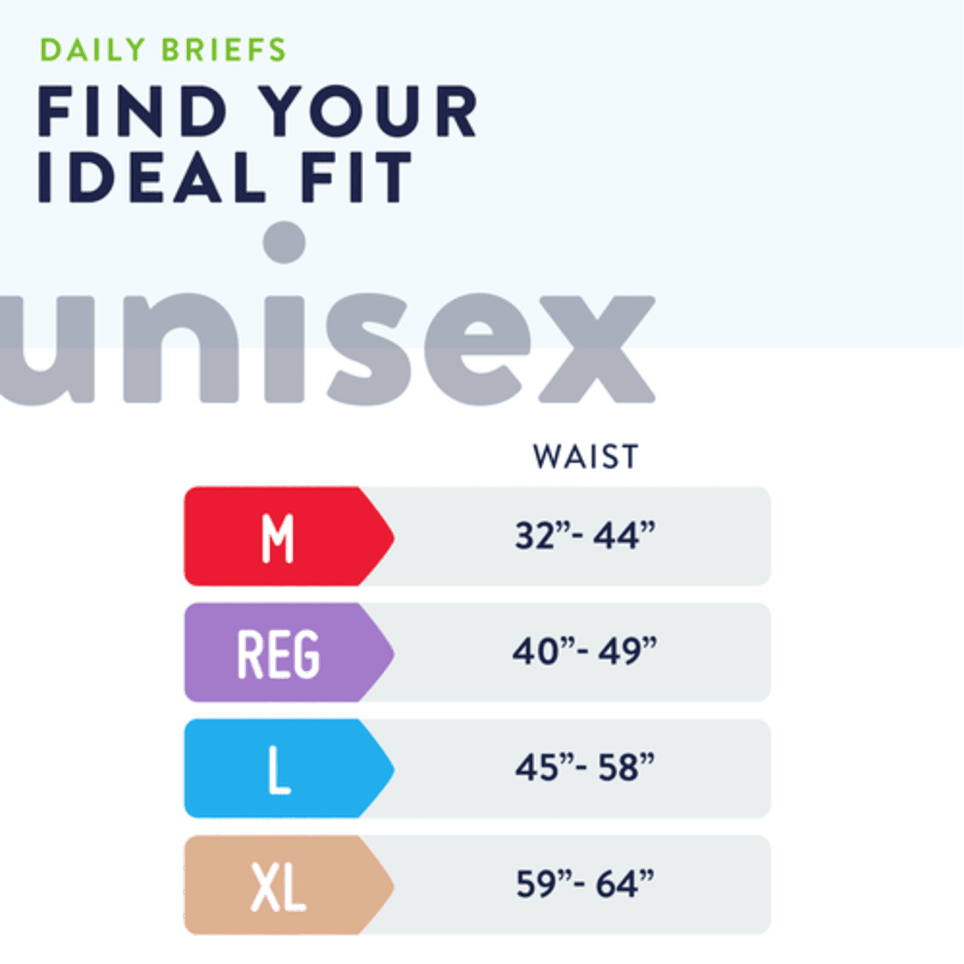 Size chart for daily briefs: M 32–44 in, Reg 40–49 in, L 45–58 in, XL 59–64 in