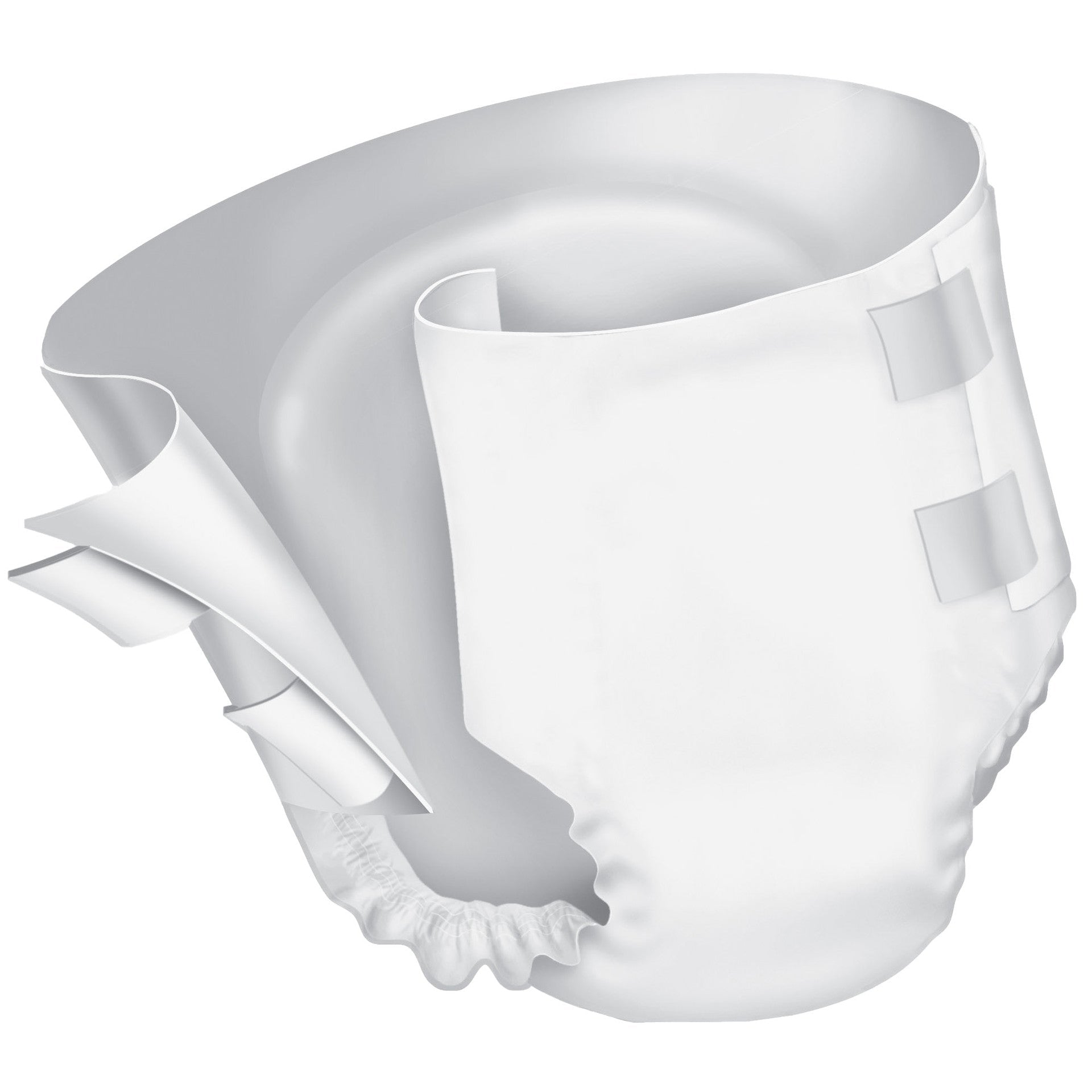 White pull-on adult brief with side fasteners and elastic leg openings