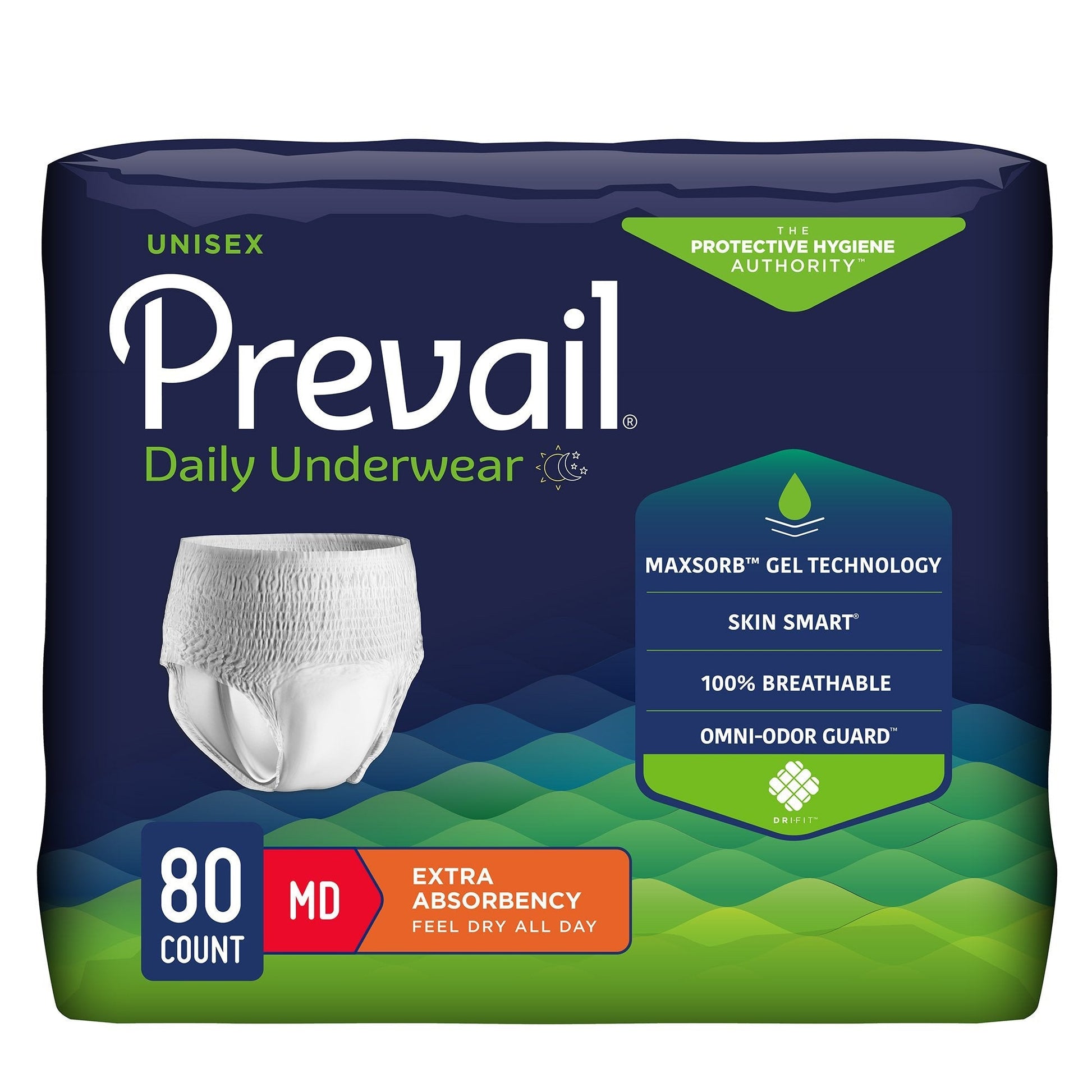 Prevail extra absorbency daily underwear, unisex MD, case of 80 (white briefs)