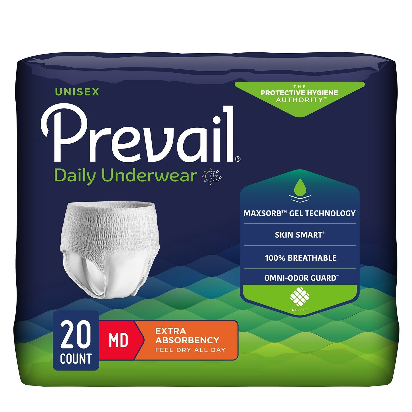 Prevail extra absorbency daily underwear, unisex MD, pack of 20 (white briefs)