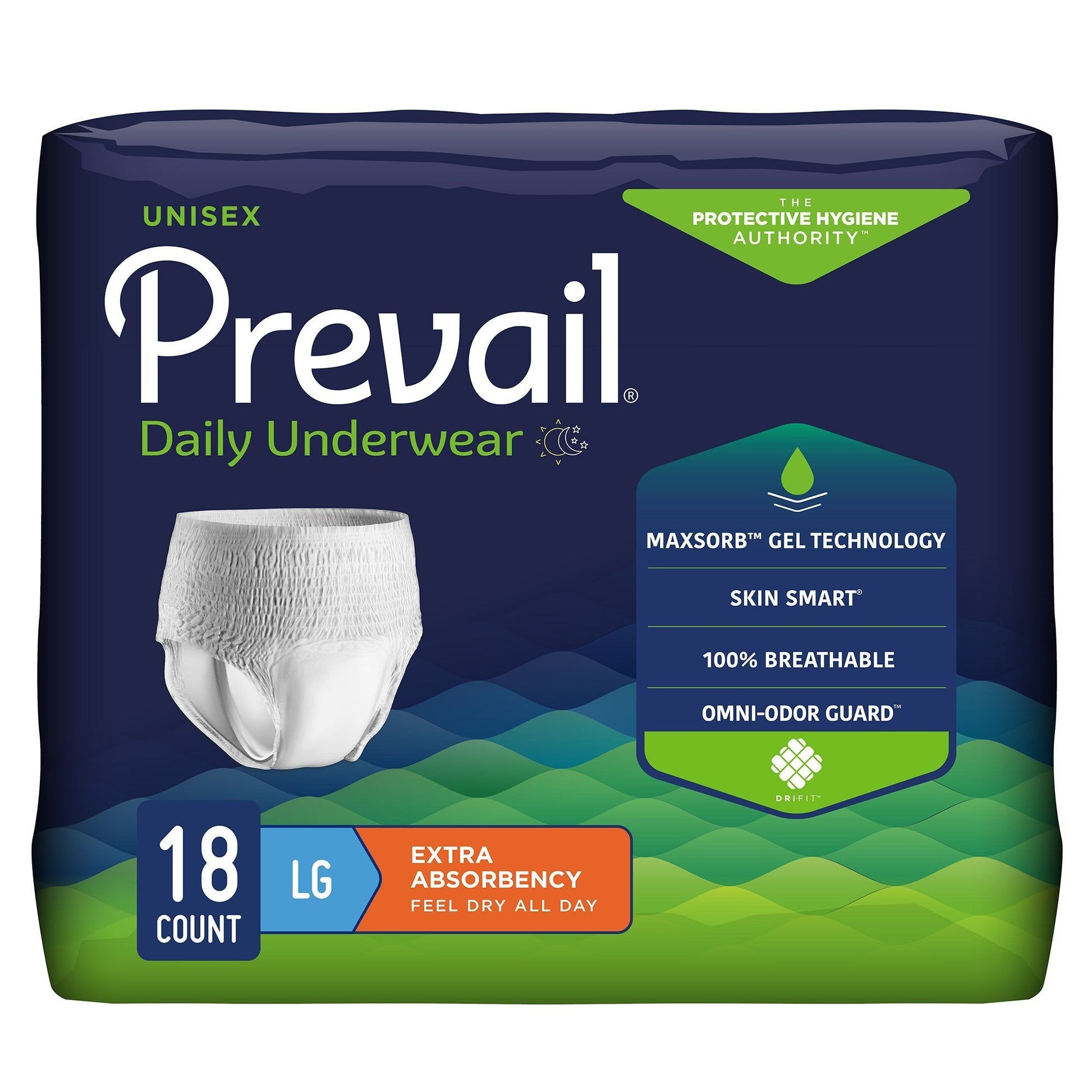 Prevail extra absorbency daily underwear, unisex LG, pack of 18 (white briefs)