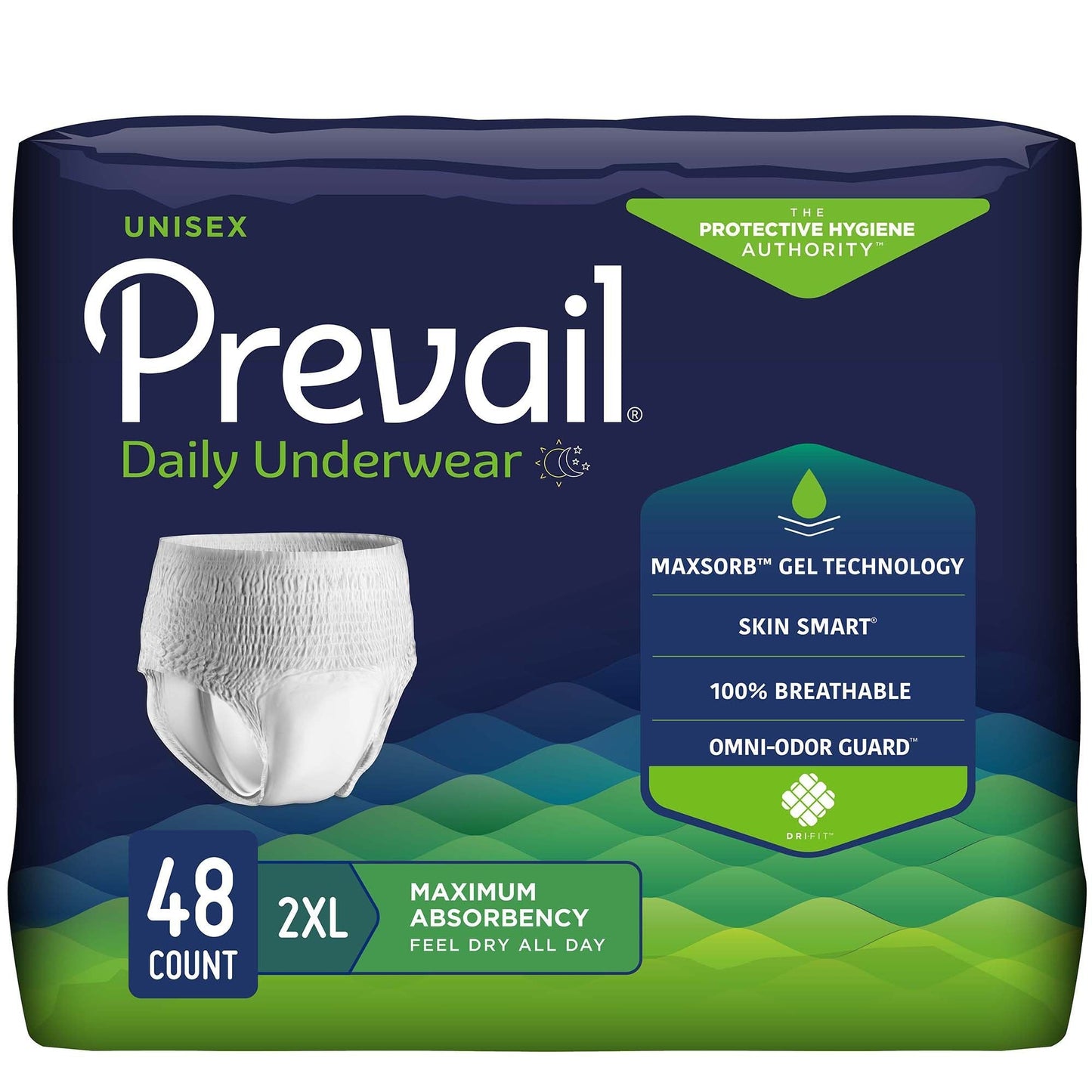 Unisex maximum absorbency underwear, 2XL size, 48-count pack shown on box