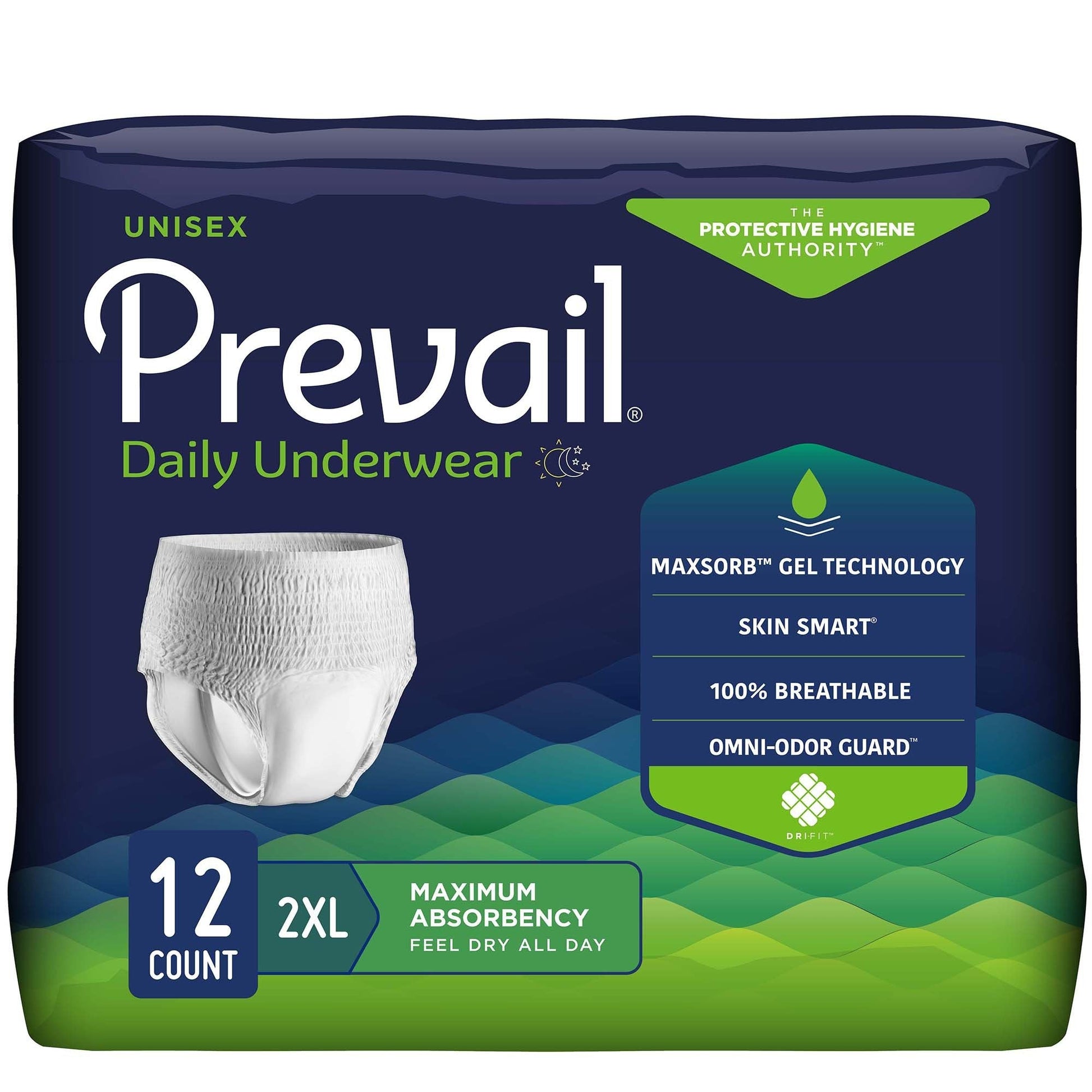 Unisex maximum absorbency underwear, 2XL size, 12-count pack shown on box