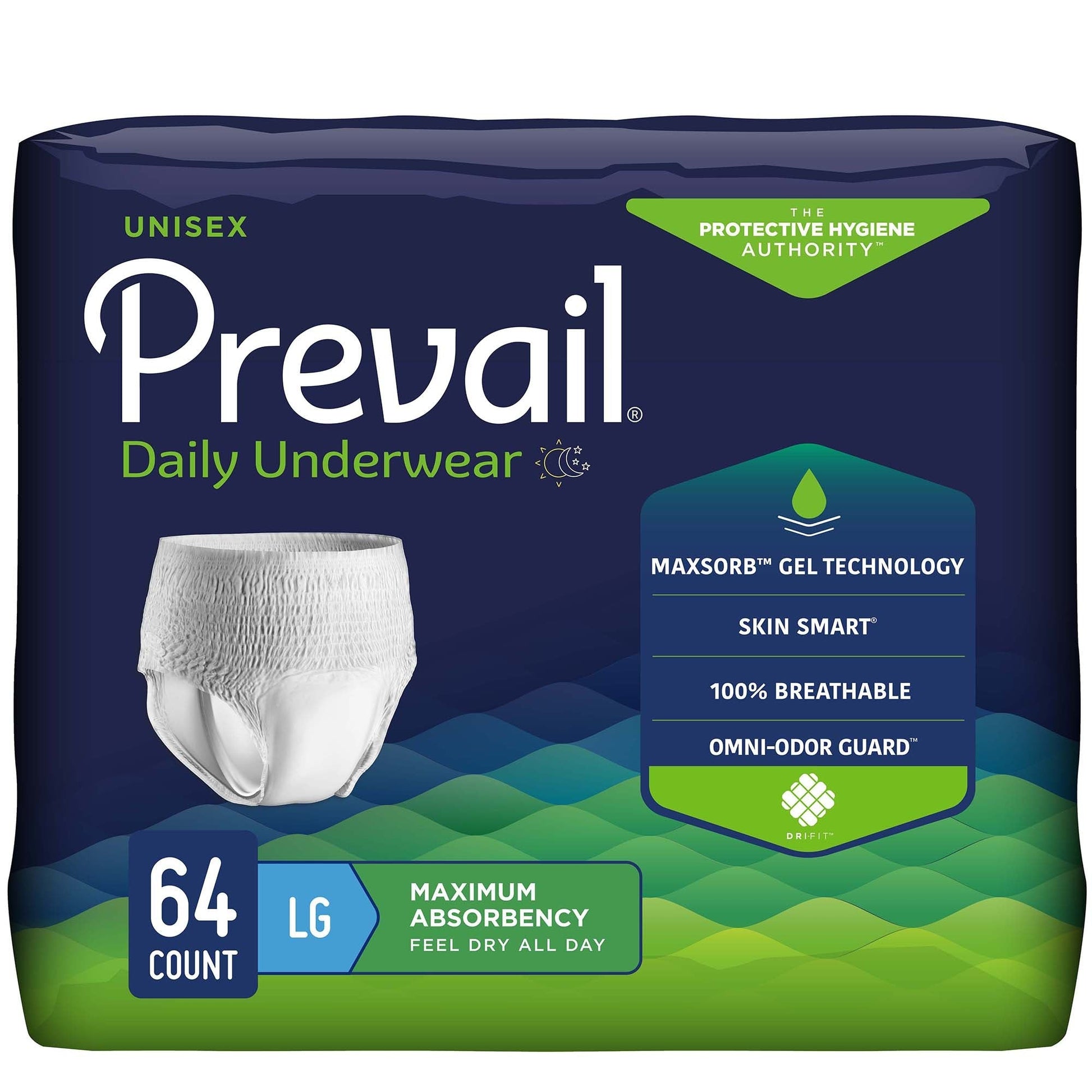 Unisex maximum absorbency underwear, LG size, 64-count pack shown on box