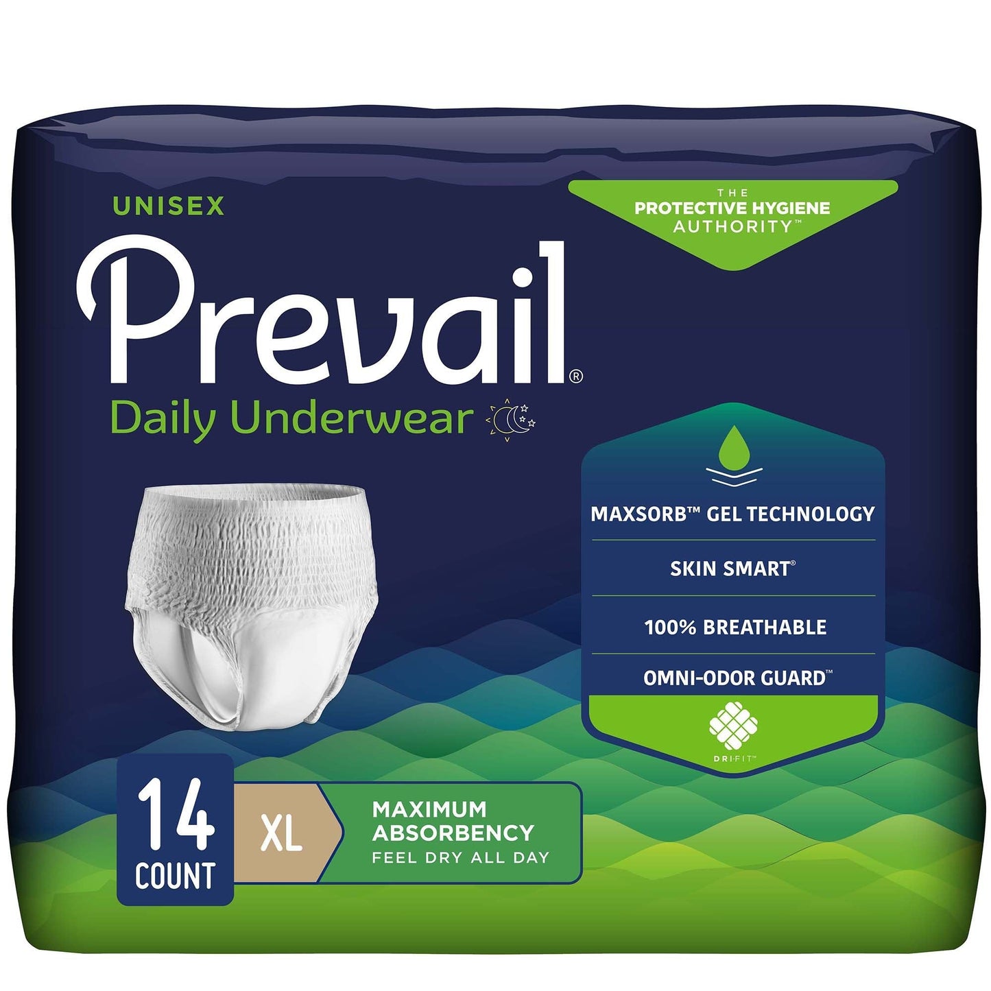 Unisex maximum absorbency underwear, XL size, 14-count pack shown on box