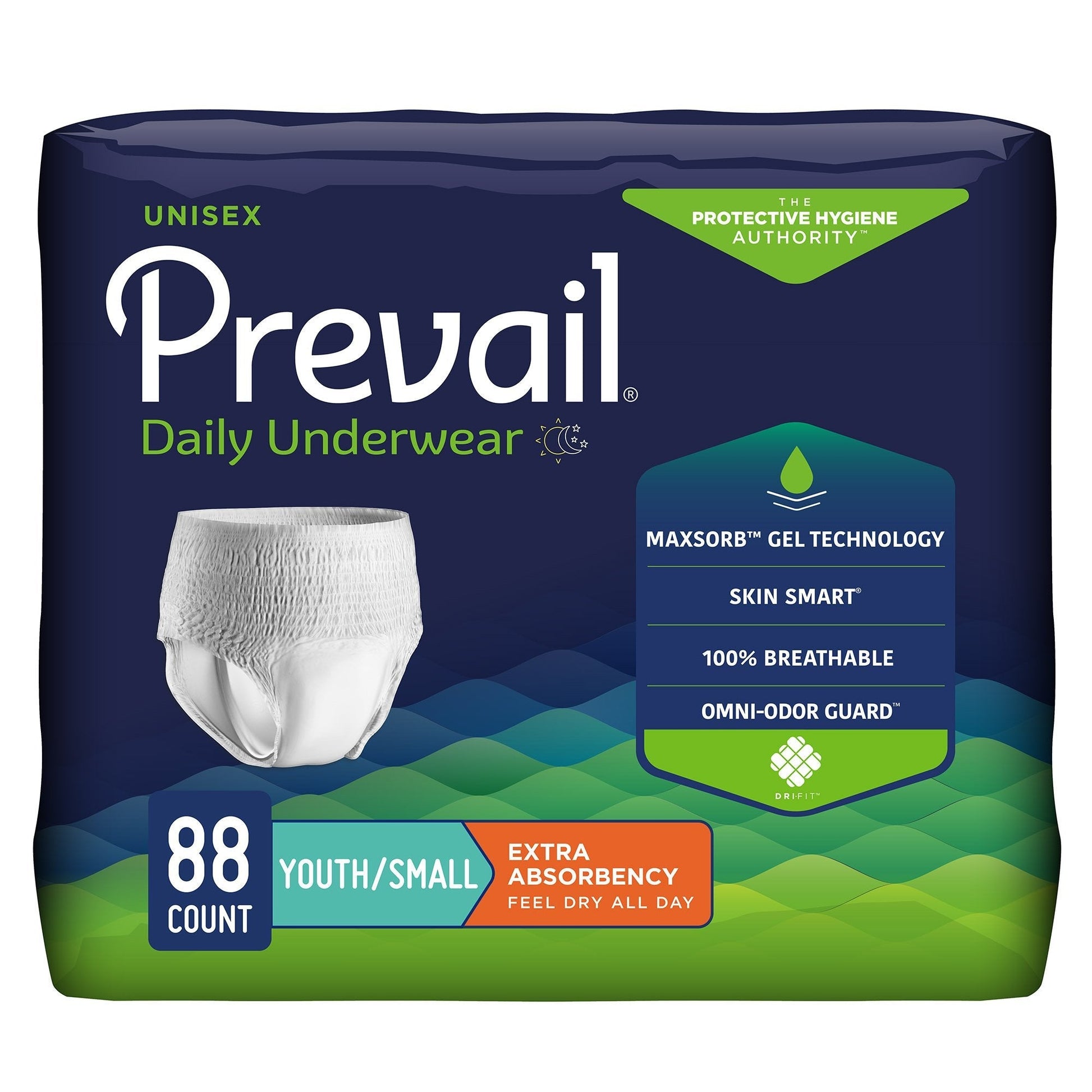 Prevail Daily Underwear for youth/small, extra absorbency, 88-count package