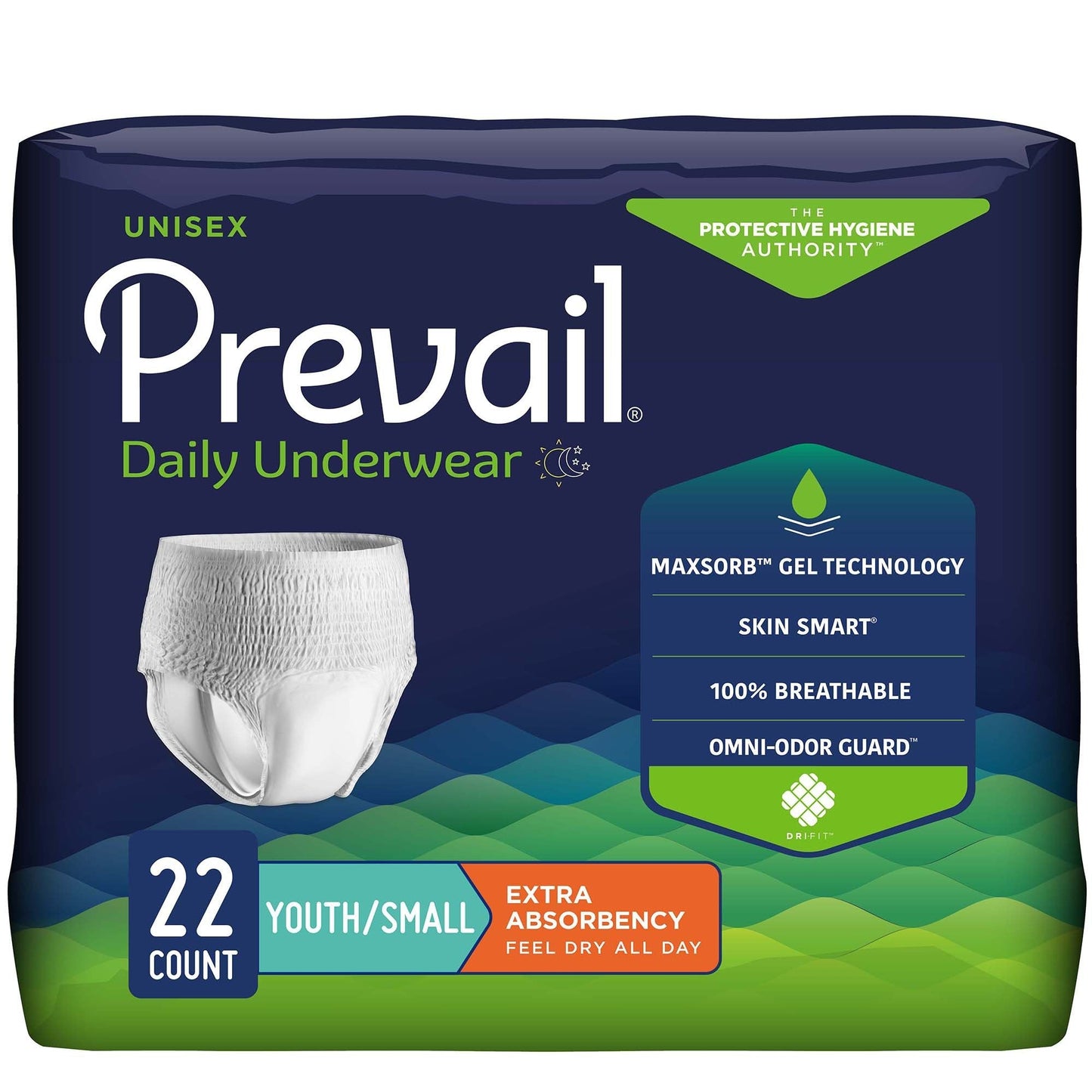 Prevail Daily Underwear for youth/small, extra absorbency, 22-count package