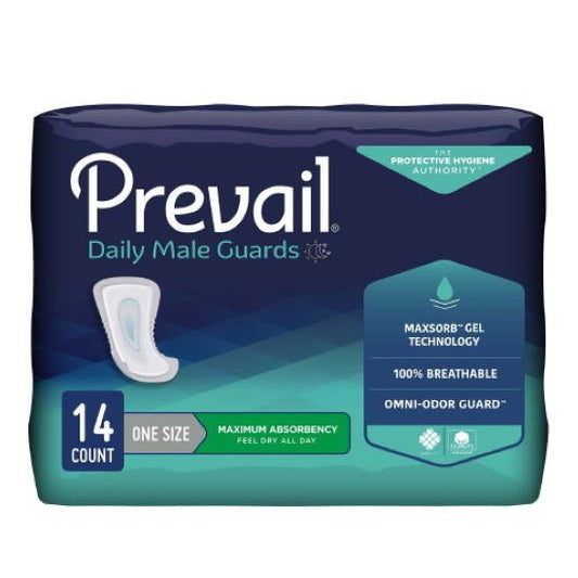 Prevail male guards package, 14-count one-size daily guards, dark blue box front