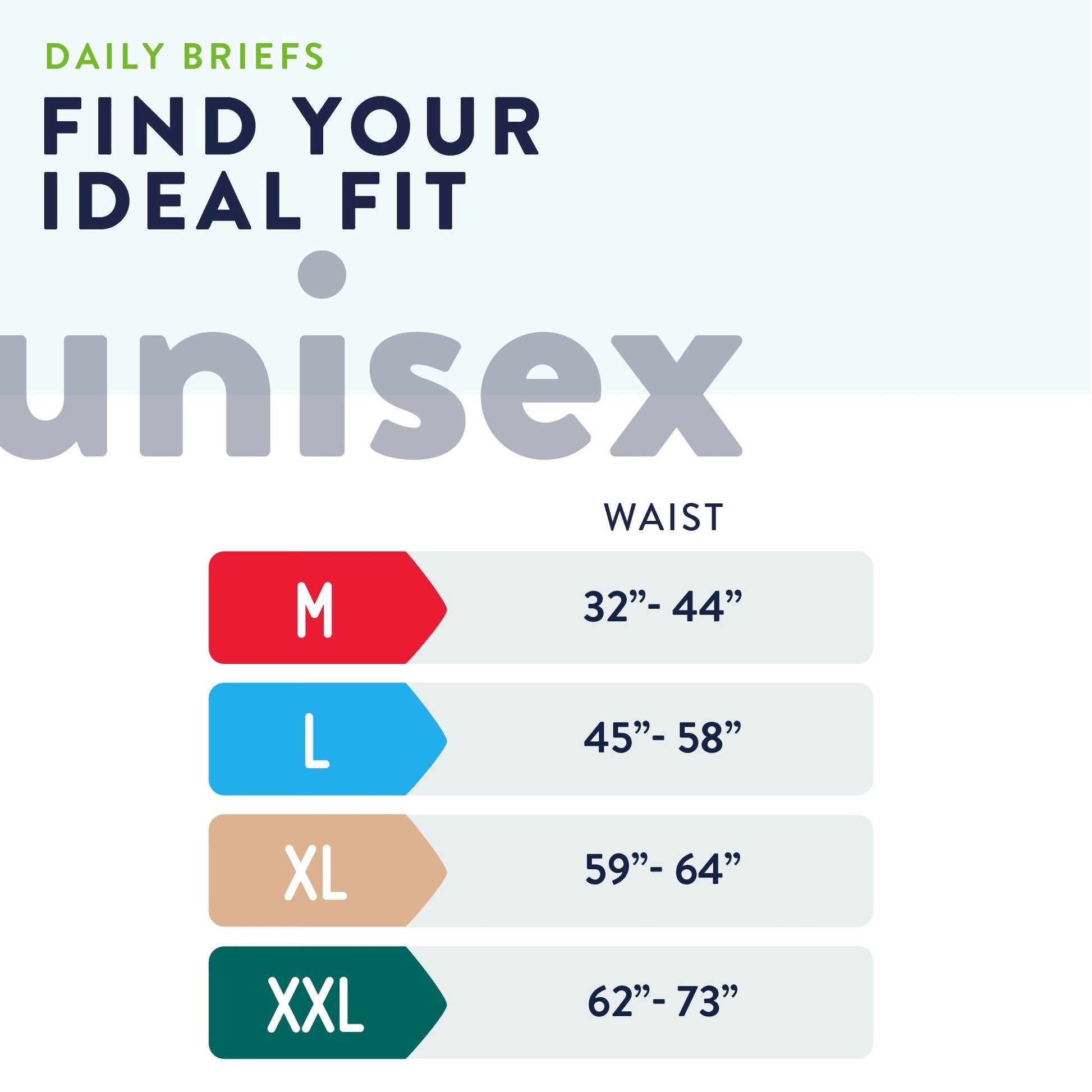 Daily briefs fit chart with waist ranges for M, L, XL, XXL