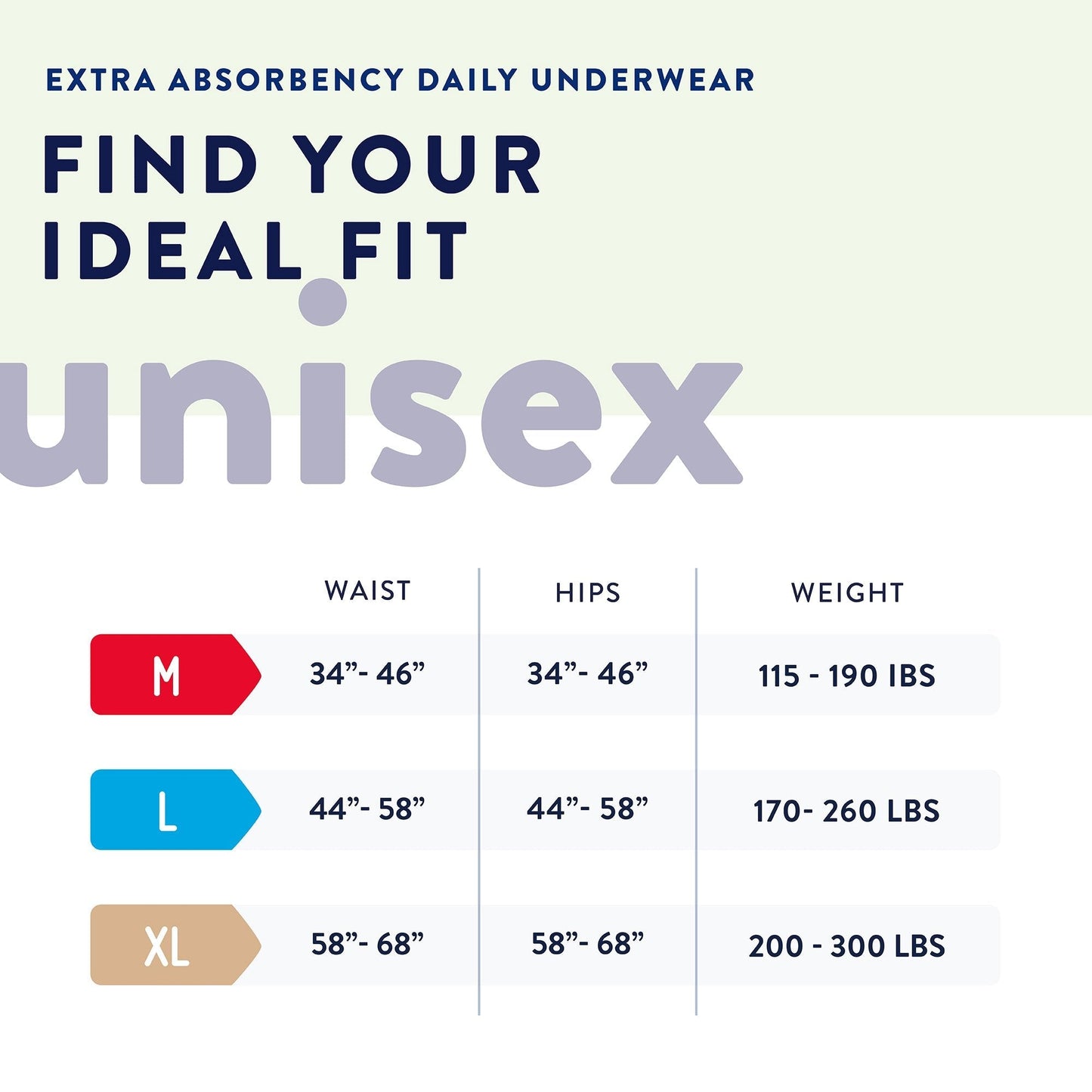 Size chart for underwear fit: M (34–46), L (44–58), XL (58–68) waist/hips