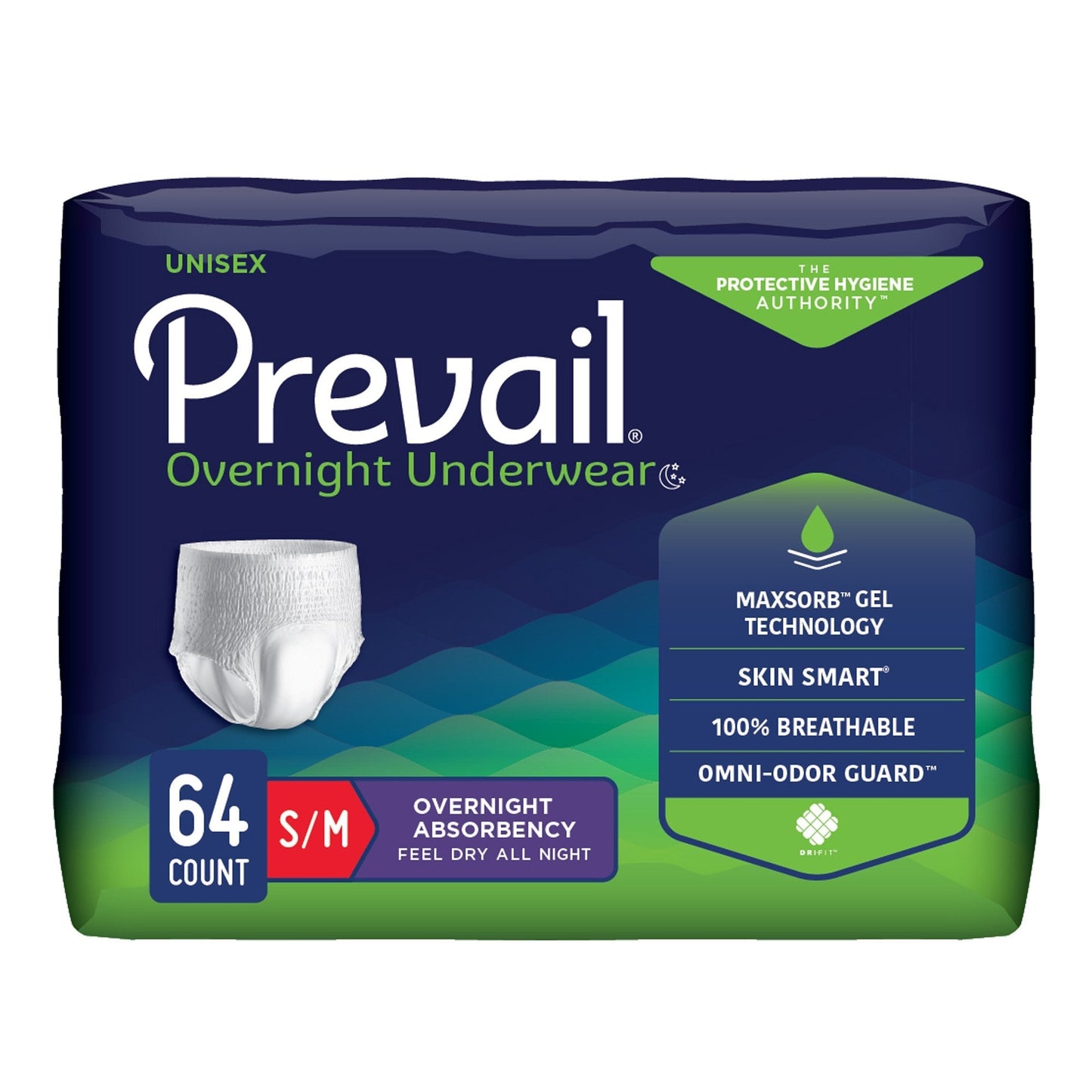 Prevail unisex overnight pull-on underwear, white, S/M size, 64-count case