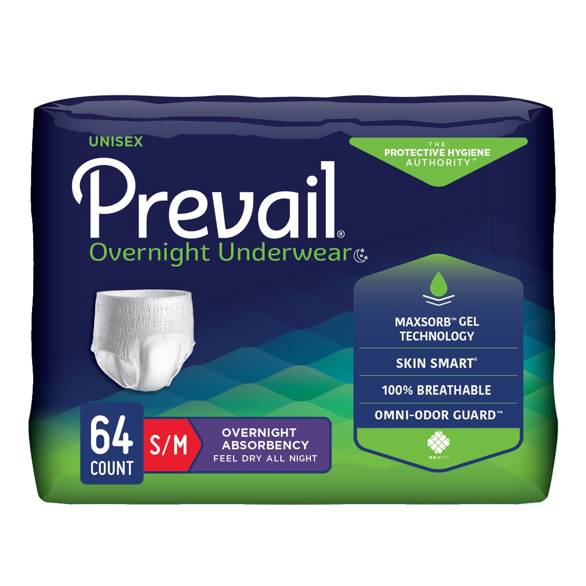 Prevail unisex overnight pull-on underwear, white, S/M size, 64-count case