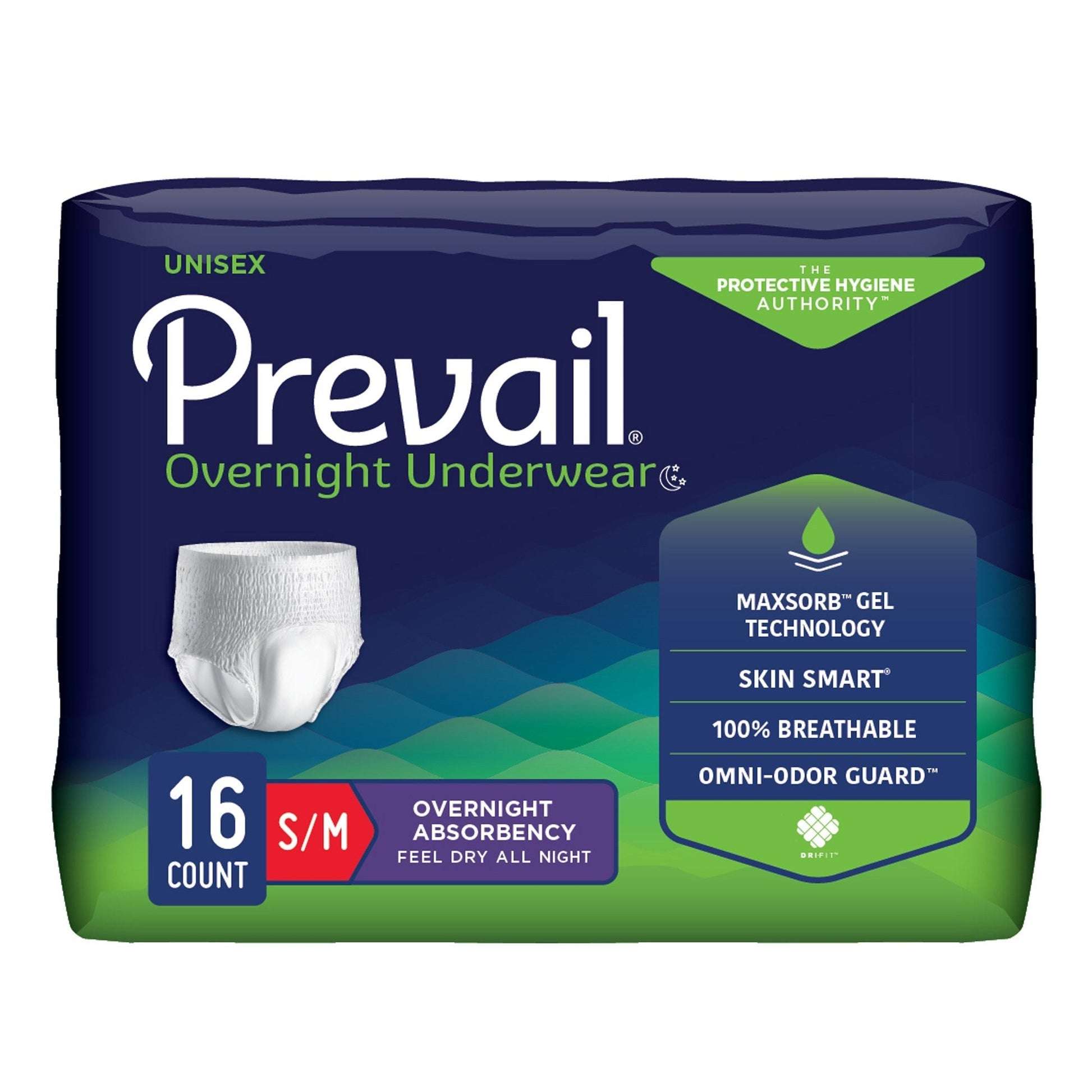 Prevail unisex overnight pull-on underwear, white, S/M size, 16-count pack