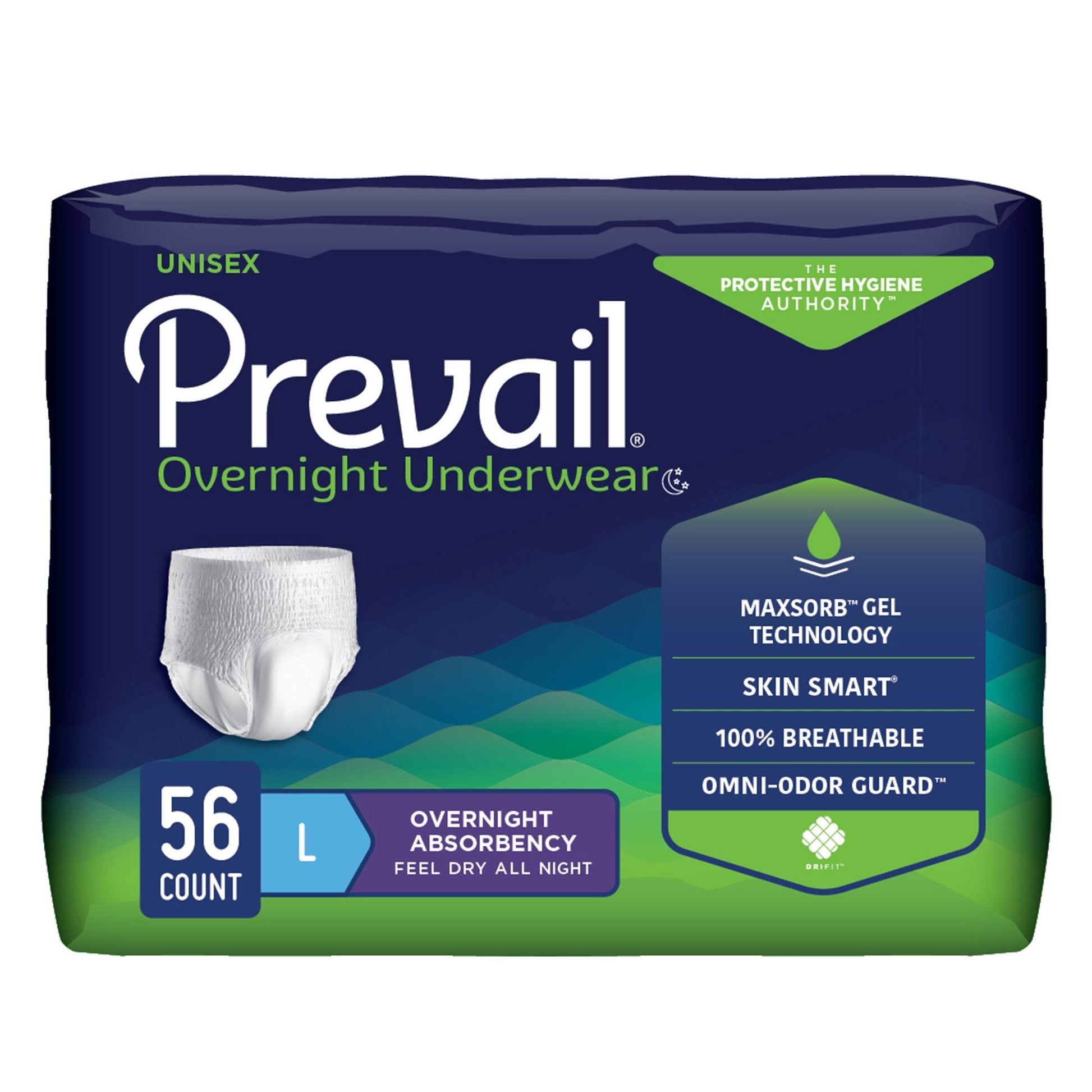 Prevail unisex overnight pull-on underwear, white, L size, 56-count case