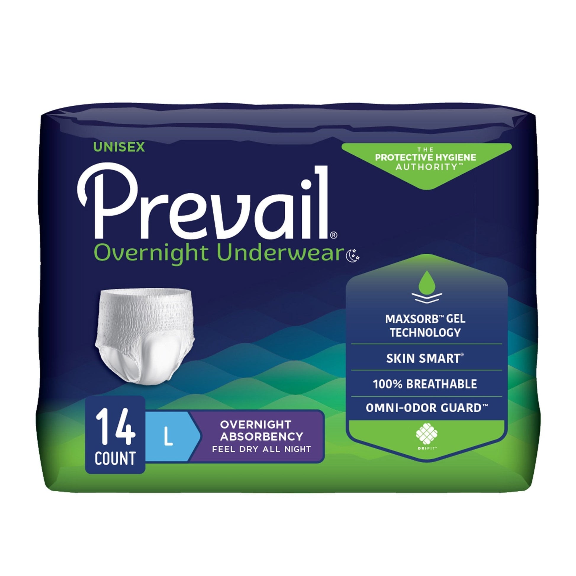 Prevail unisex overnight pull-on underwear, white, L size, 14-count pack