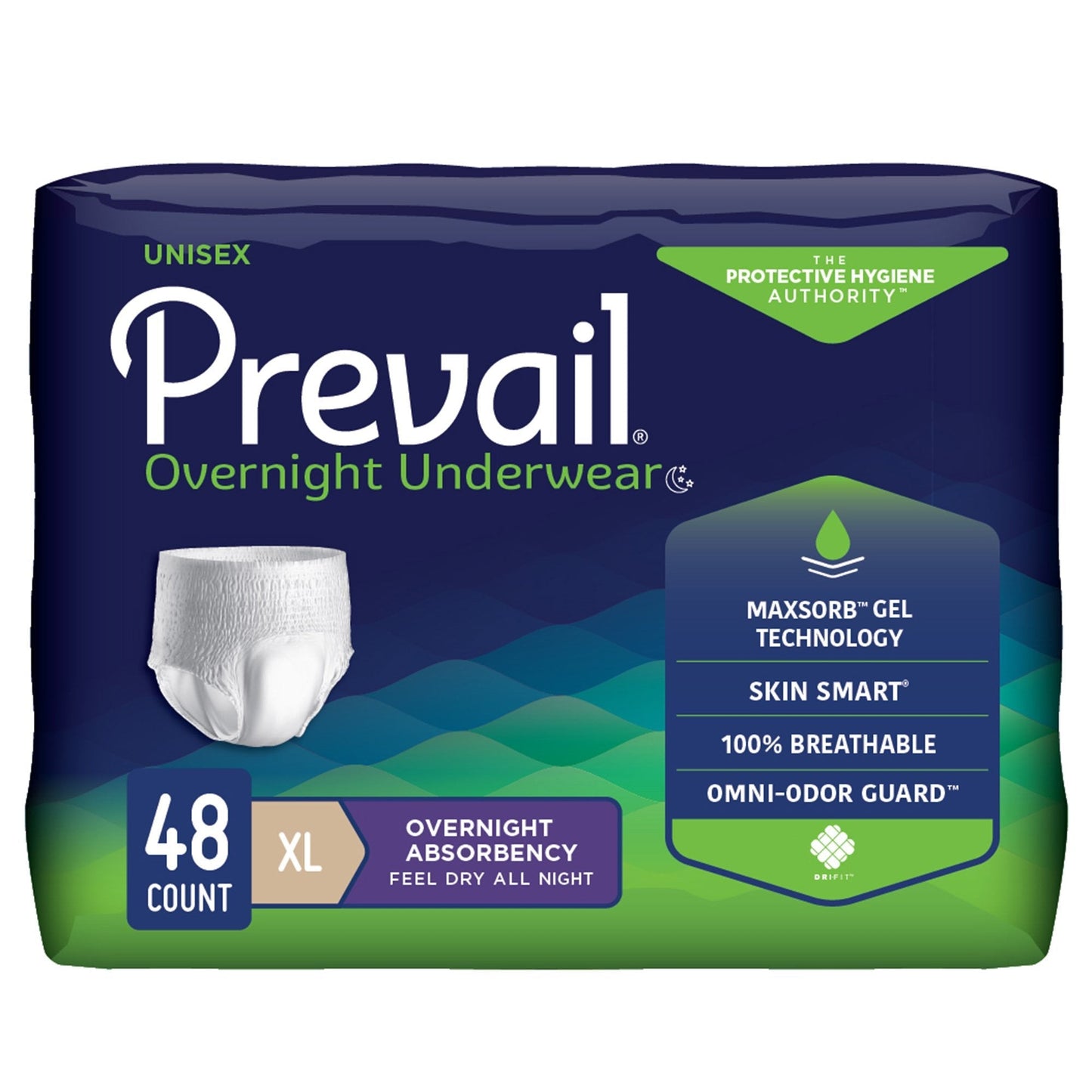 Prevail unisex overnight pull-on underwear, white, XL size, 48-count case