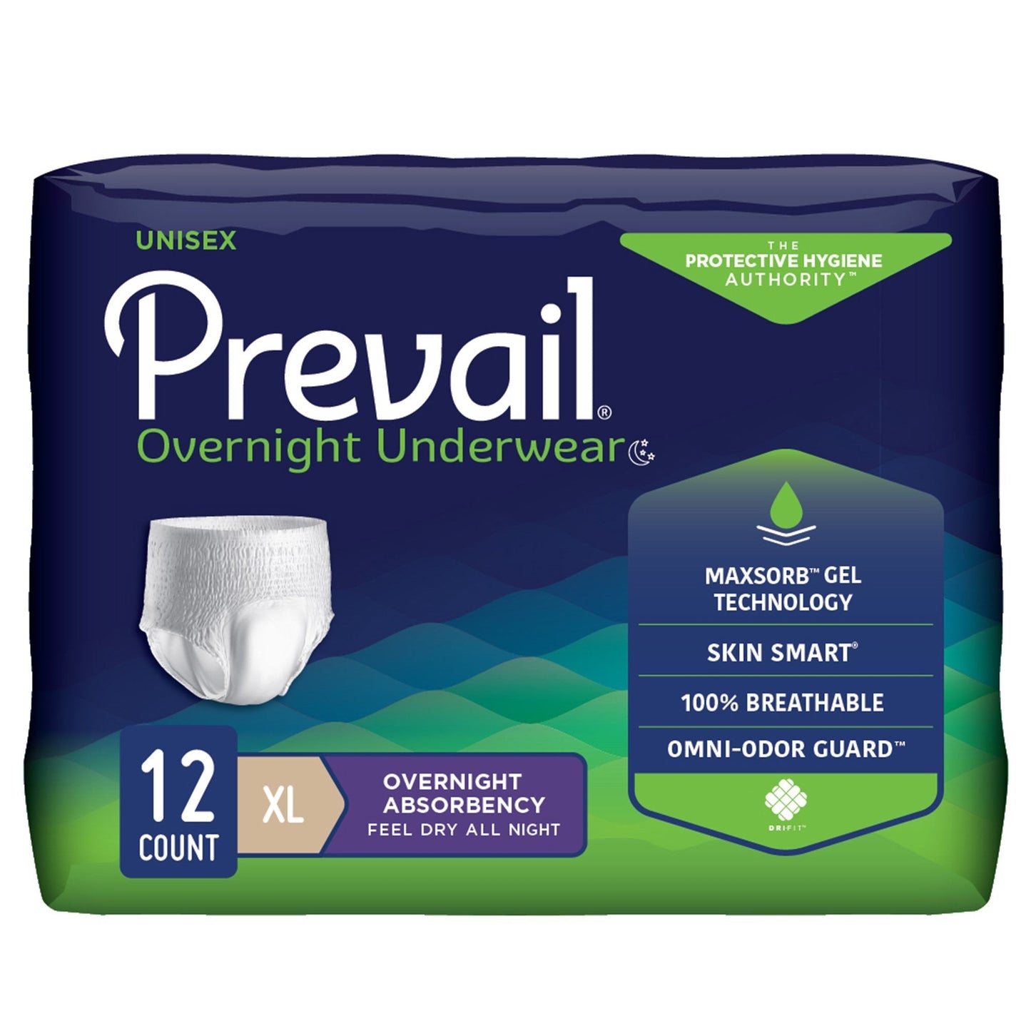 Prevail unisex overnight pull-on underwear, white, XL size, 12-count pack
