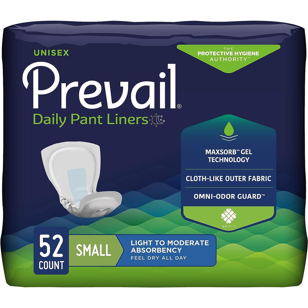 Prevail daily pant liners, Small size, 52 count pack, light-to-moderate absorbency