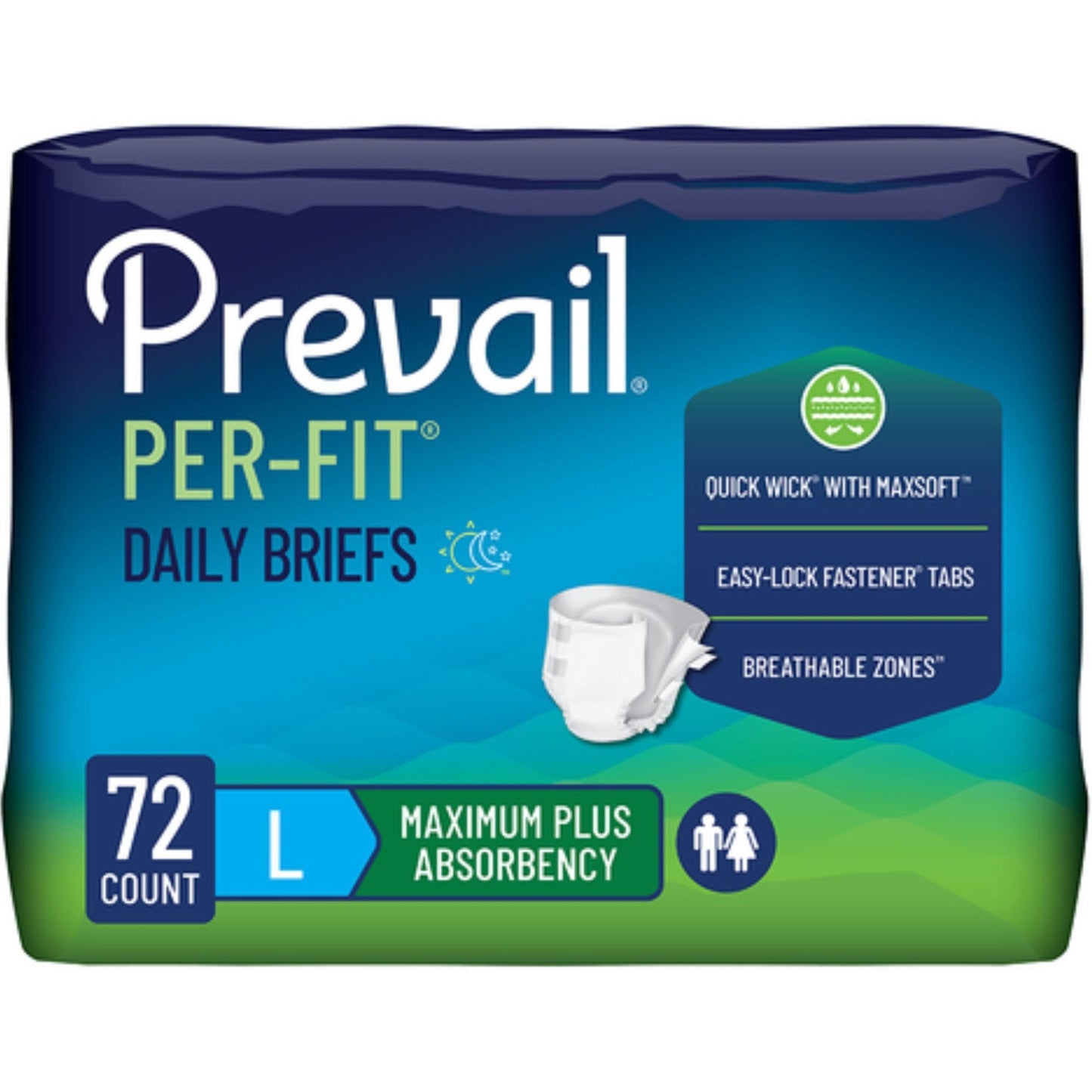 Prevail Per-Fit daily briefs, size L, 72-count pack, maximum plus absorbency