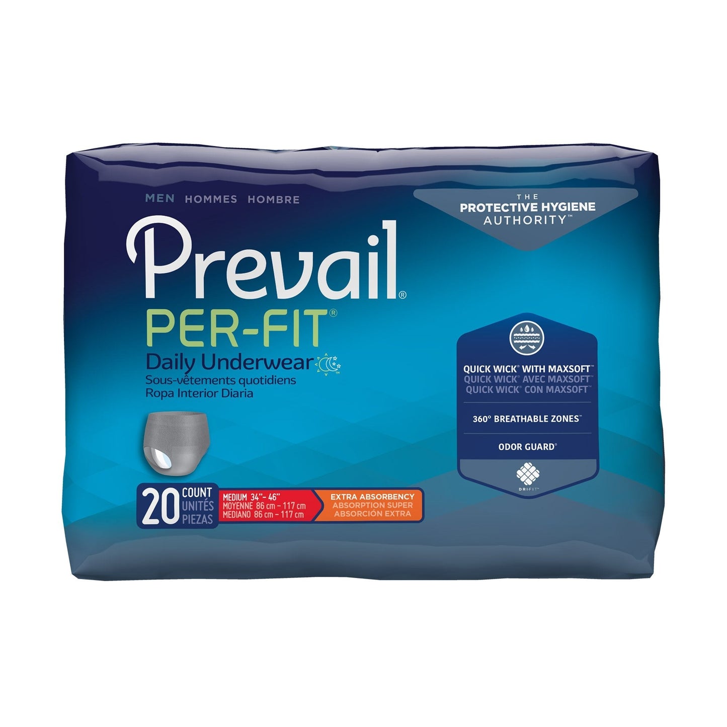 Prevail Per-Fit men’s pull-on daily underwear, extra absorbency, MD (34–46), 20 count