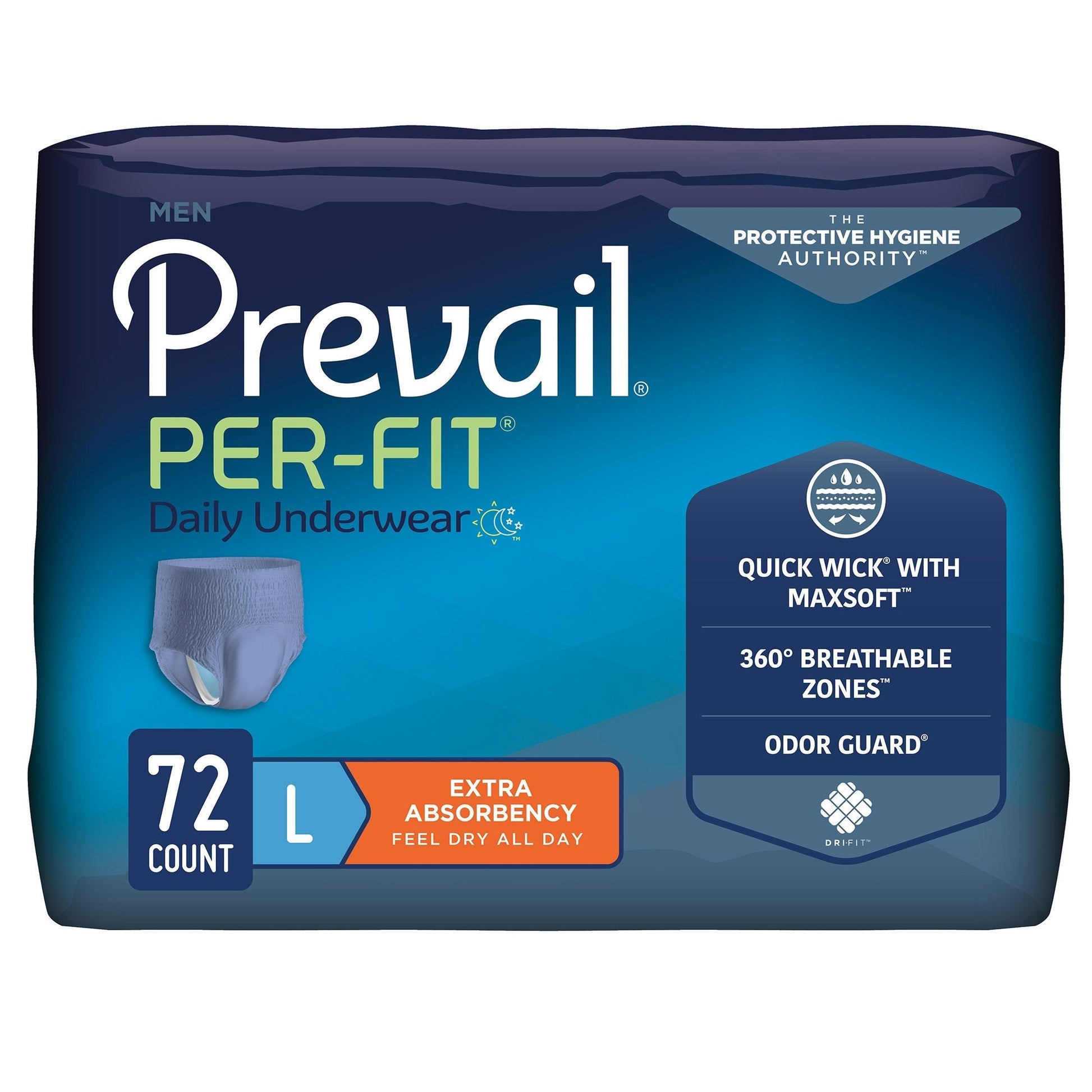 Prevail Per-Fit men’s pull-on daily underwear, extra absorbency, LG (44–58), 72 count